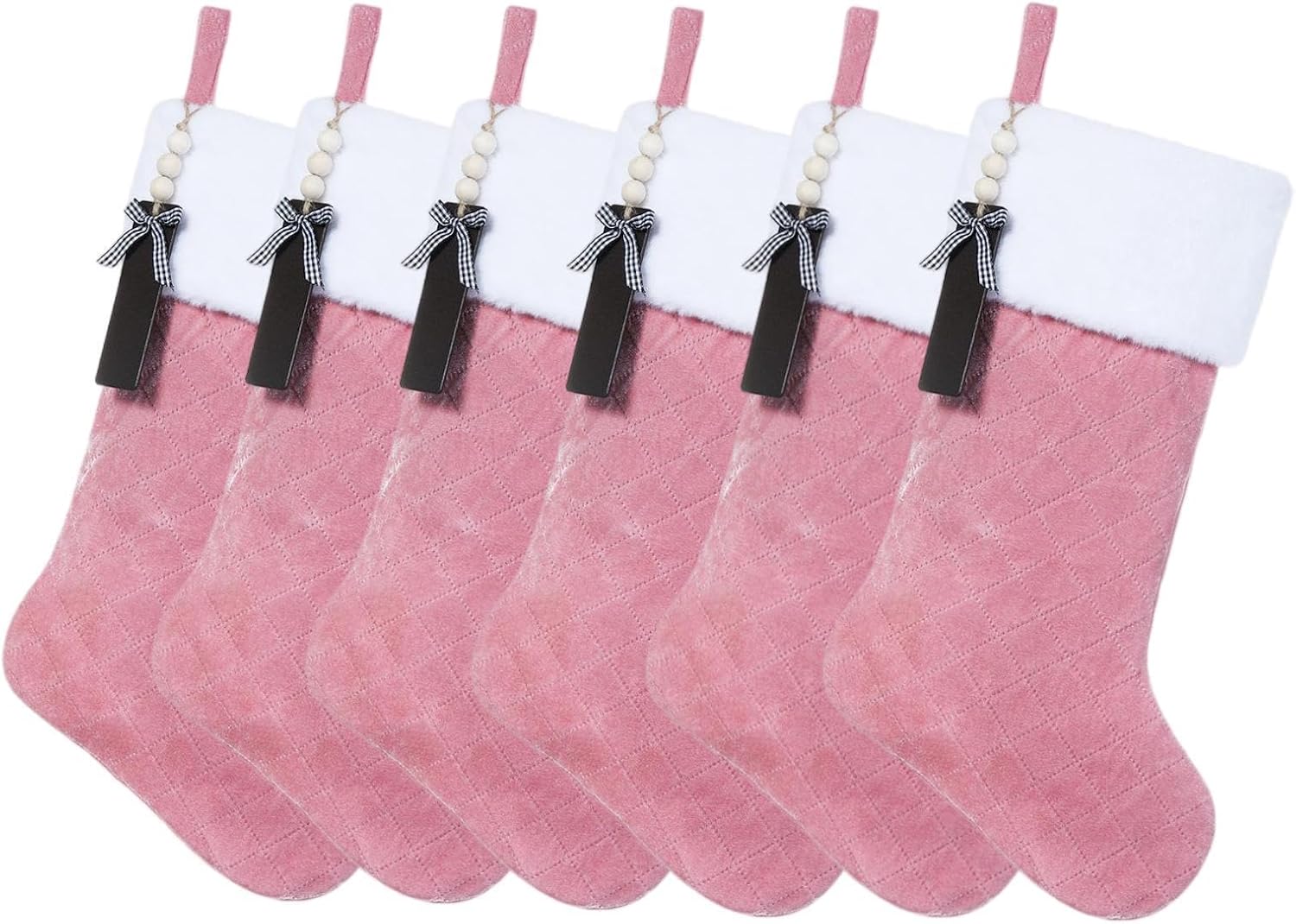 Pink Velvet Quilted Personalized Christmas Stocking,19.5 Inch Fireplace Hanging Stockings with Blank Wooden Tags DIY Name,Family Holiday Decorations and Xmas Gift- 6Pcs