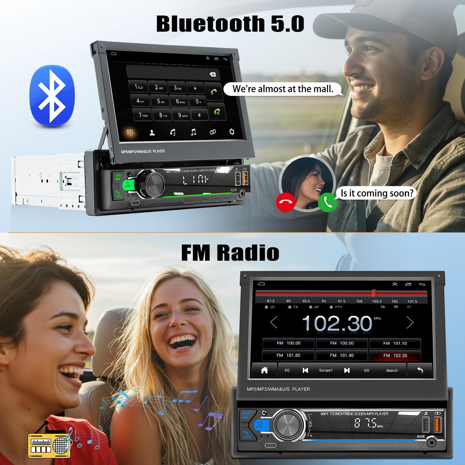 Autoradio Écran Tactile 1 Din de 7 Pouces Capacitif à Déploiement Rapide avec Bluetooth Mirror Link FM/RDS SWC USB AUX + AHD Caméra de Recul