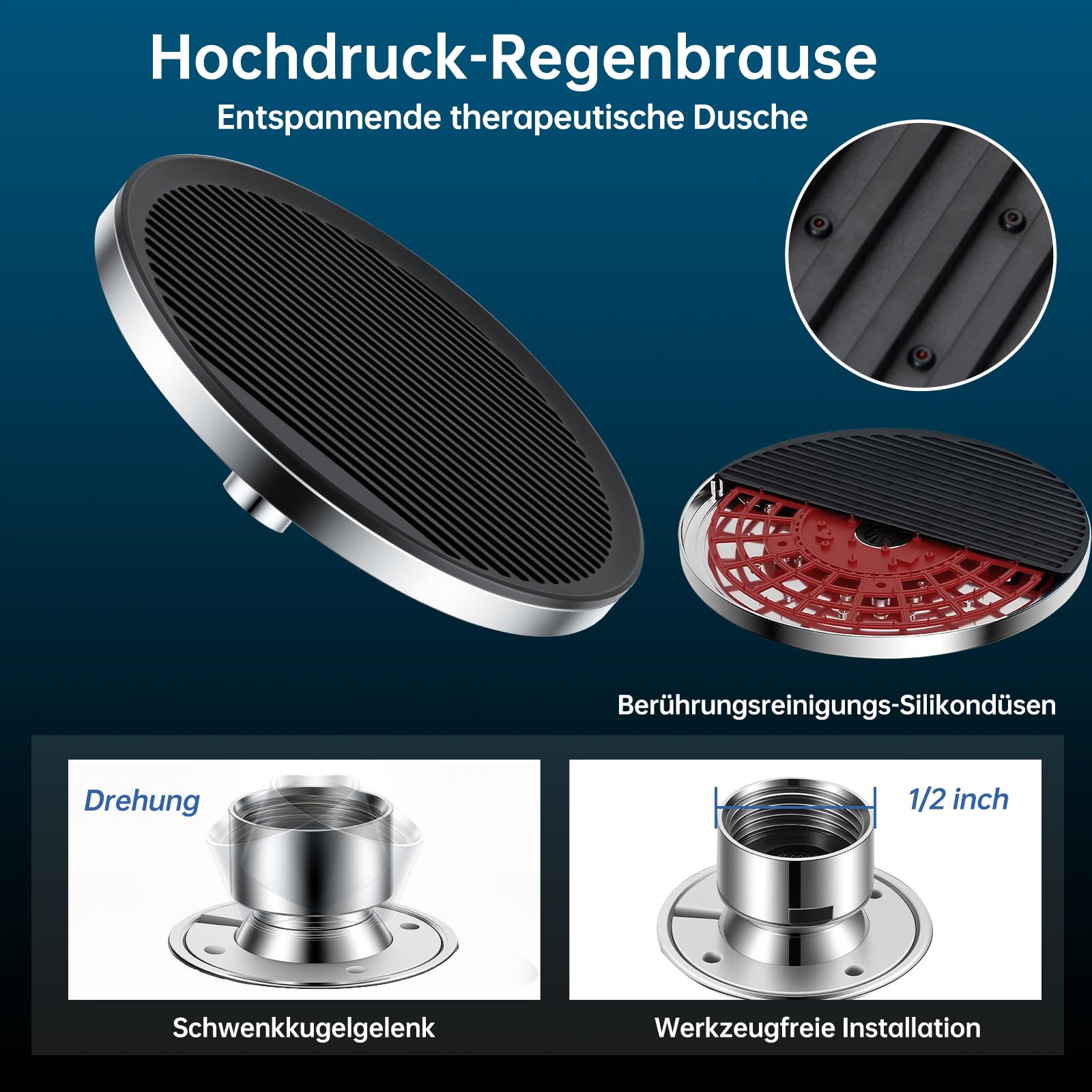 Ronvie 11 Zoll Selbstreinigende Duschkopf Regendusche, Fester Regenduschkopf Duschbrause mit Anti-Kalk-Düsen, Wasserfall Wassersparend Kopfbrause für Badezimmer