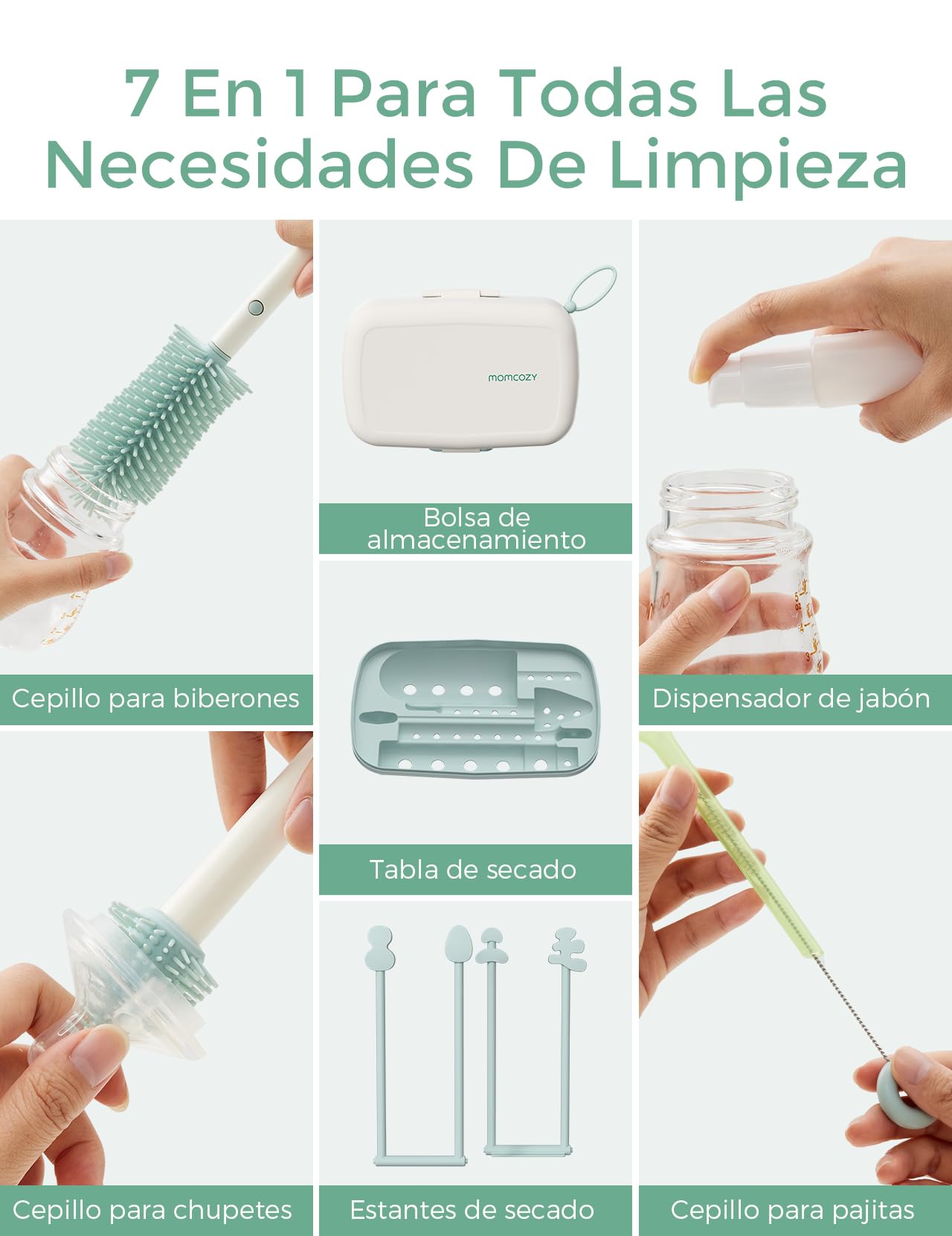 Momcozy Juego de cepillos 7 en 1 para biberones, Kit Completo de Limpieza de biberones con Cepillo de Silicona, Cepillo para pezón, Cepillo para Pajita, dispensador de jabón y Estante de Secado