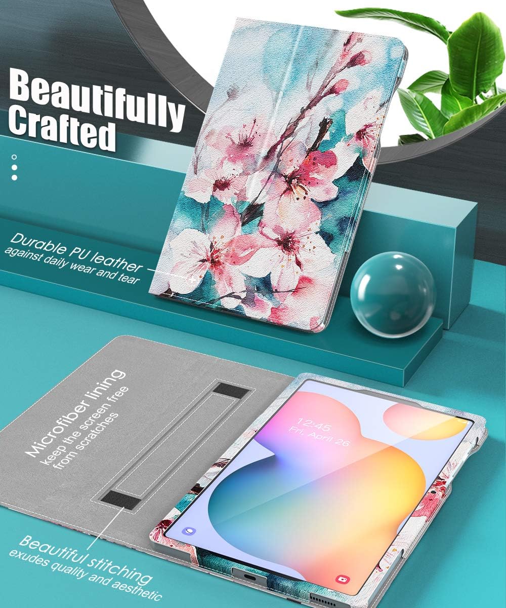 MoKo Case Compatible with Galaxy Tab S6 Lite 2020, Slim PU Tablet Shell Cover Stand Case with Auto-Wake S-Pen Holder Fit Samsung Galaxy Tab S6 Lite 10.4 2020 SM-P610/P615 ONLY - Peach Blossom