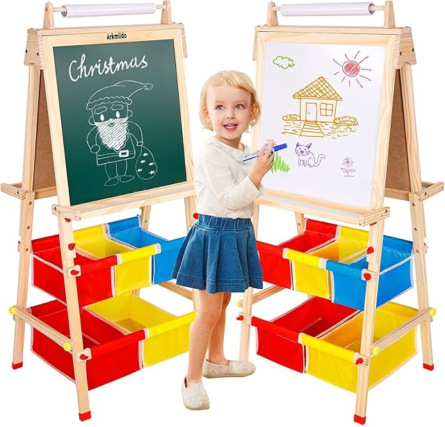 Nukied Kids Easel Wooden Art Easel Large Size Double Sided Chalkboard & Whiteboard Standing Easel with Paper Roll & Multi-Storage Bags for Children Toddlers Educational Gifts Toy for Boys and Girls