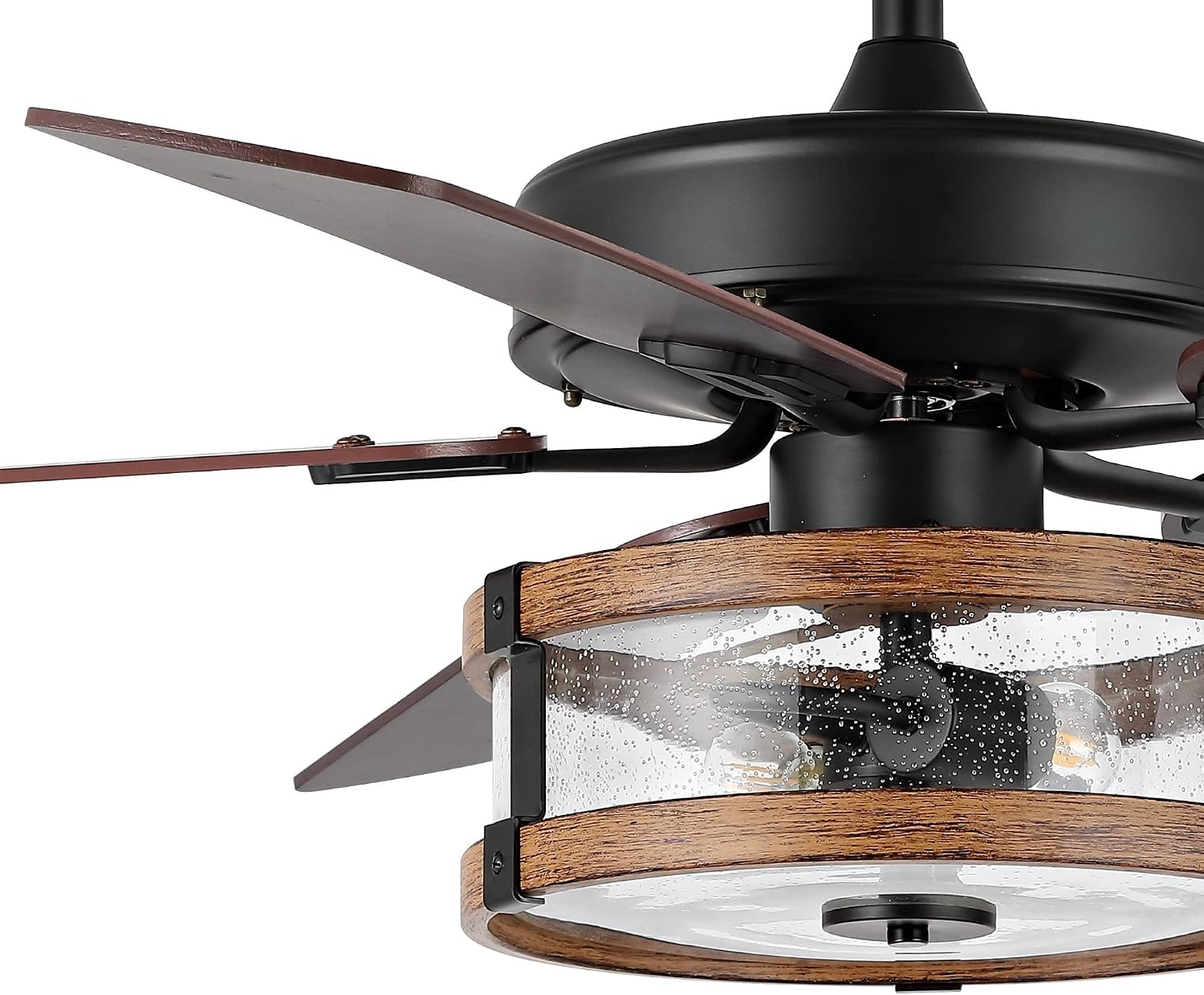 JONATHAN Y 52" Black/Brown 2-Light Iron and Wood LED Ceiling Fan, Remote and App Control, Seeded Glass Shade, Rustic Industrial Farmhouse, LED Bulbs Included JYL9611A
