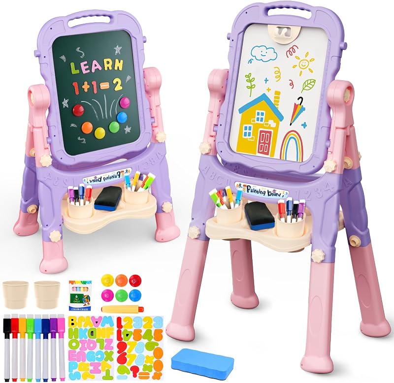 Easel for Kids, Toddler Easel, Double-Sided Chalk Board Kid | White Board, Kid Art Easel, Art Easel Age 4-8, Christmas Gift, Pink&Purple