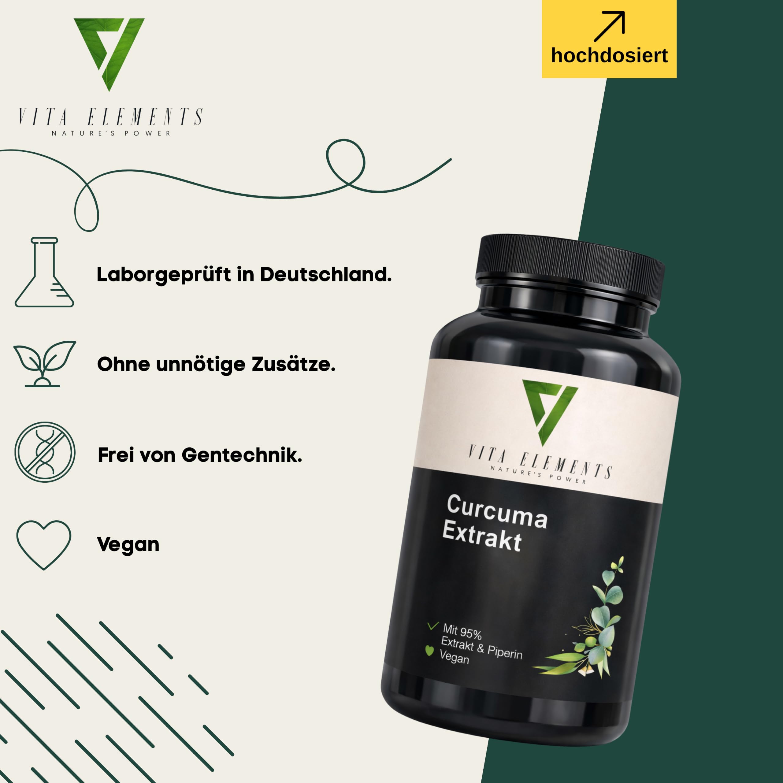 Vita Elements Extrait de Curcuma - 95% de Curcuminoïdes - 90 Gélules - Avec Curcuma Bio en Poudre & Pipérine - 3 Mois de Stock - Haute Concentration, Vegan & Testé en Laboratoire (3)