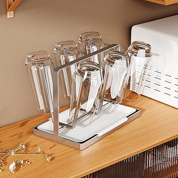 Cup Drying Rack with 6 Hooks, Stainless Steel Cup Holder, Vertical Bottle Drying Rack, Glass Bottle Holder with Drain Tray, Coffee Mug Holder,Mug Organizer