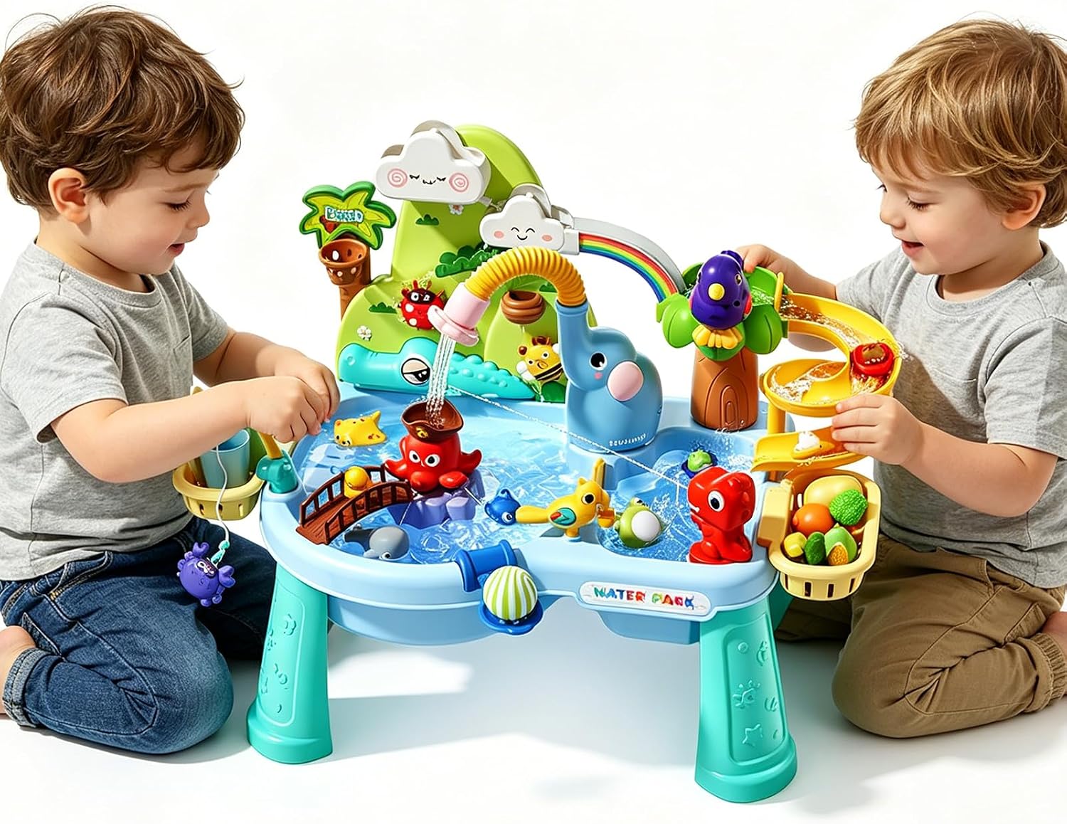 2027 Upgraded 10-in-1 Sand Water Table for Toddlers 1-3, Kids Sensory Table with Electric Water Pump & Elephant Faucet, Play Kitchen Sink with Food Accessories, Fishing Toy
