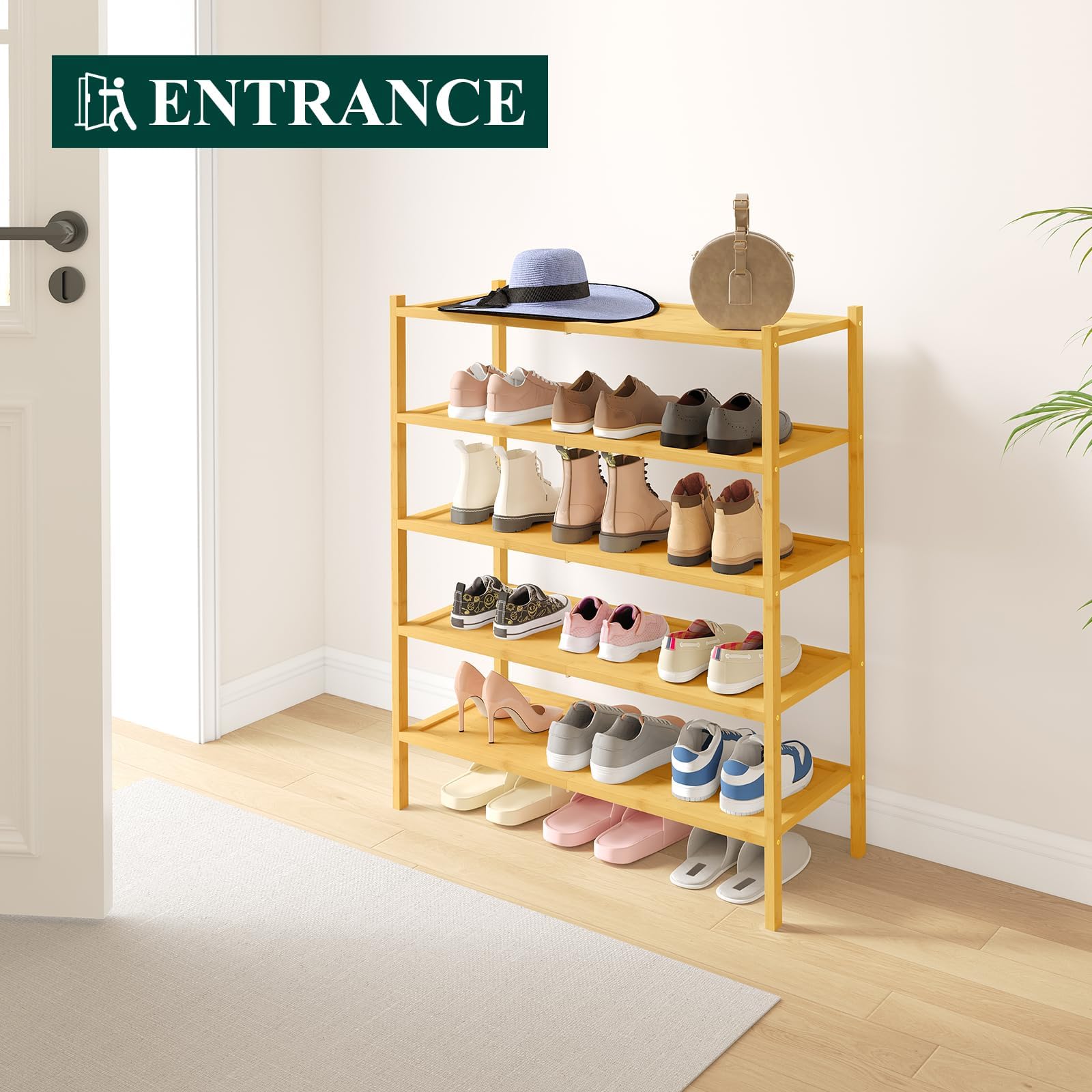 smiry Schuhregal aus Bambus, Stabile Schuhablage, Platzsparend Schuhständer für Schuhe, Handtasche, Pflanzen, Flur, Wohnzimmer, Schlafzimmer - 5 Ebenen, Natur