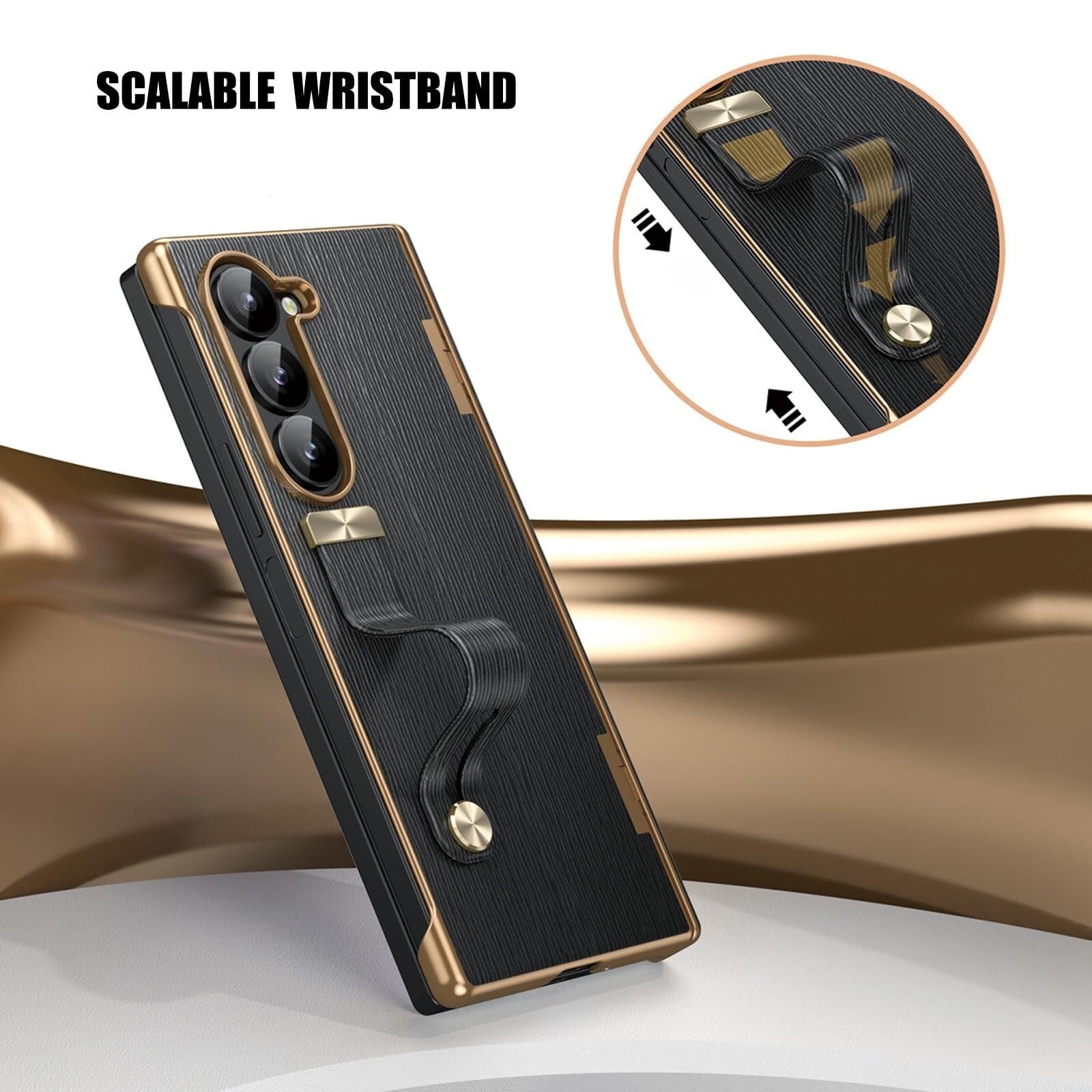 Custodia Antiurto Per Samsung Galaxy Z Fold 6, Custodia Protettiva Con Cerniera E Supporto Da Polso, Custodia In Pelle Di Lusso Per L'ufficio(Black)