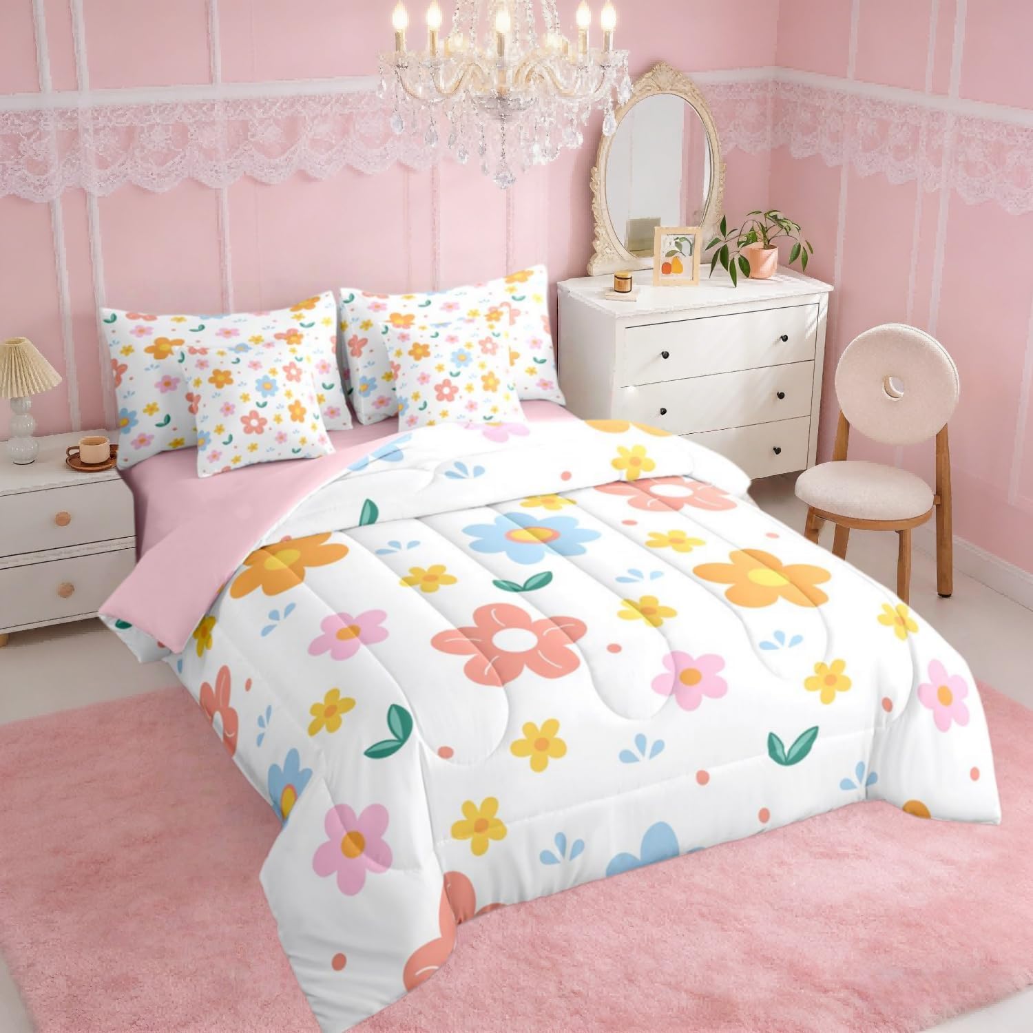 Erosebridal 7 Piece Cute Flower Comforter Sets with Sheets, Pink Floral Bedding Set for Boys Sweet Girls Botanical Bed in A Bag Colorful Flowers Bed Set Full Size