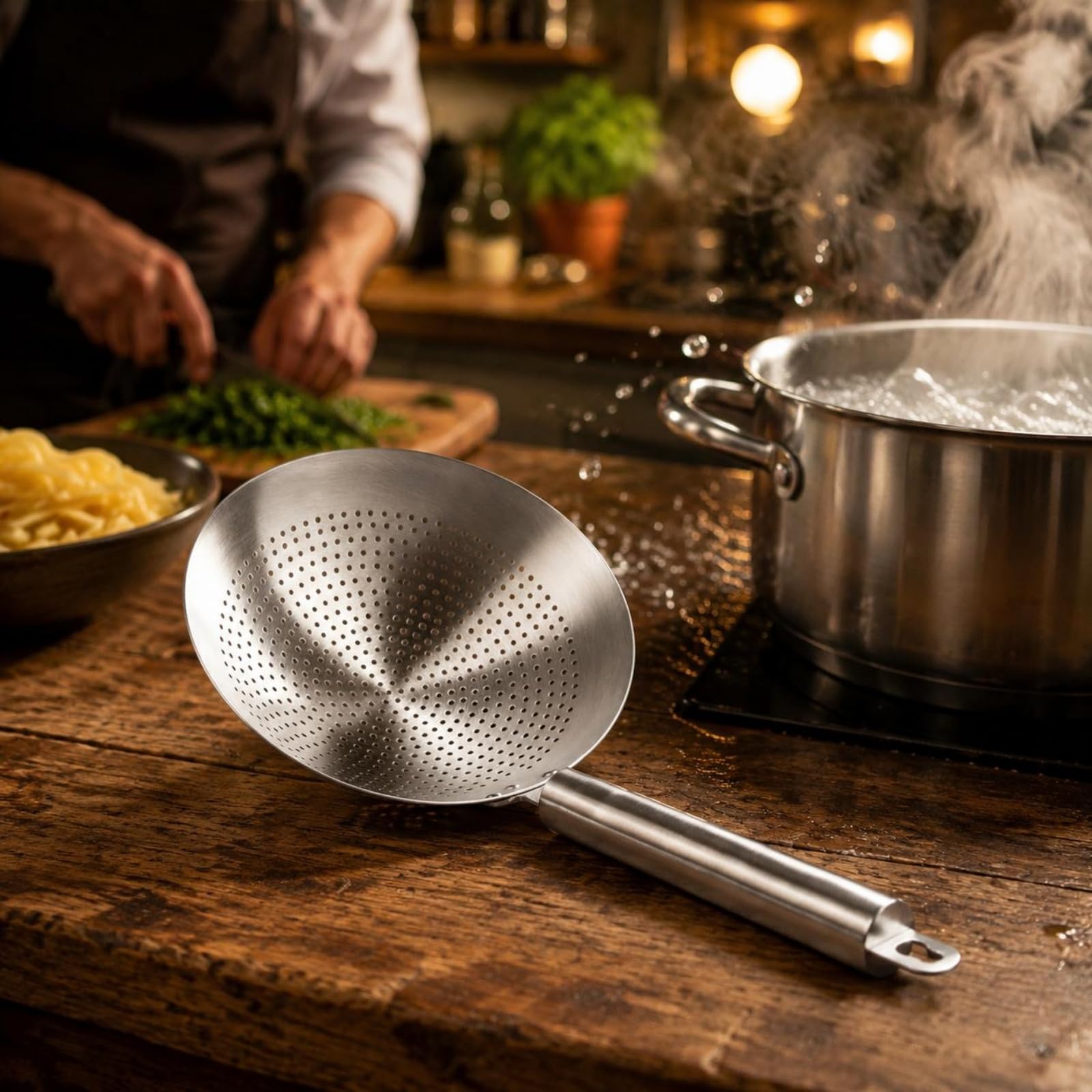 Colador de Acero Inoxidable 316L Cuchara Escurridora Espumadera con Malla Compacta y Cazo Resistente al para Escurrir Aceite Hervir Fideos Tareas de Cocina, 26cm