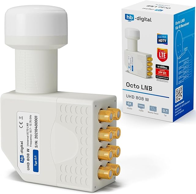 HB-DIGITAL Octo LNB LNC 8 User Direct FULL HD TV 3D 4K white White gilded contacts Weather protection (extendable)