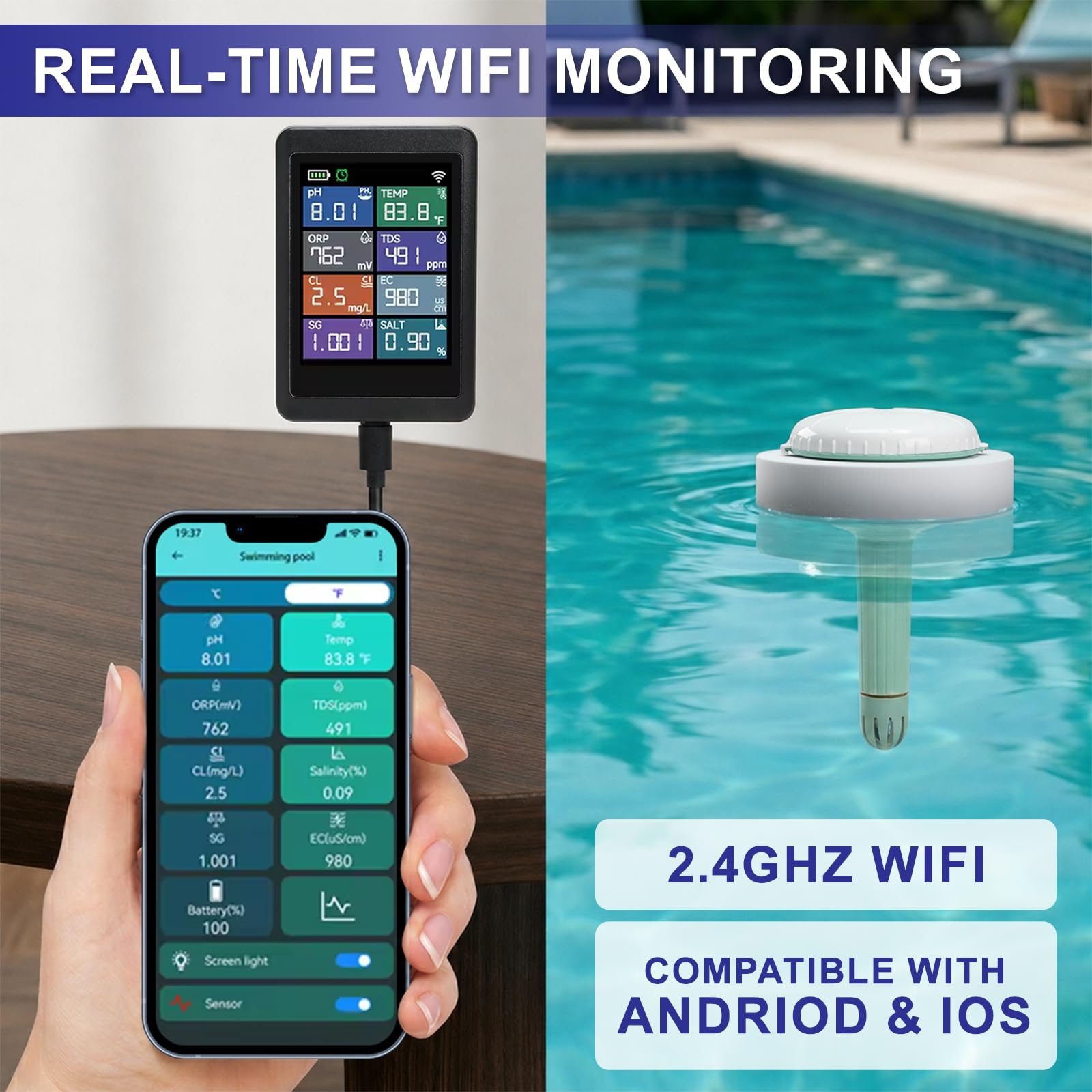 Smart WiFi Wasserqualitätstester, 8-in-1 digitales pH TDS EC Messgerät, Chlor Salzgehalt ORP S.G. Temperatur Multi-Parameter Monitor, Tuya App Echtzeit-Fernüberwachung für Pools, Aquarien, Spas