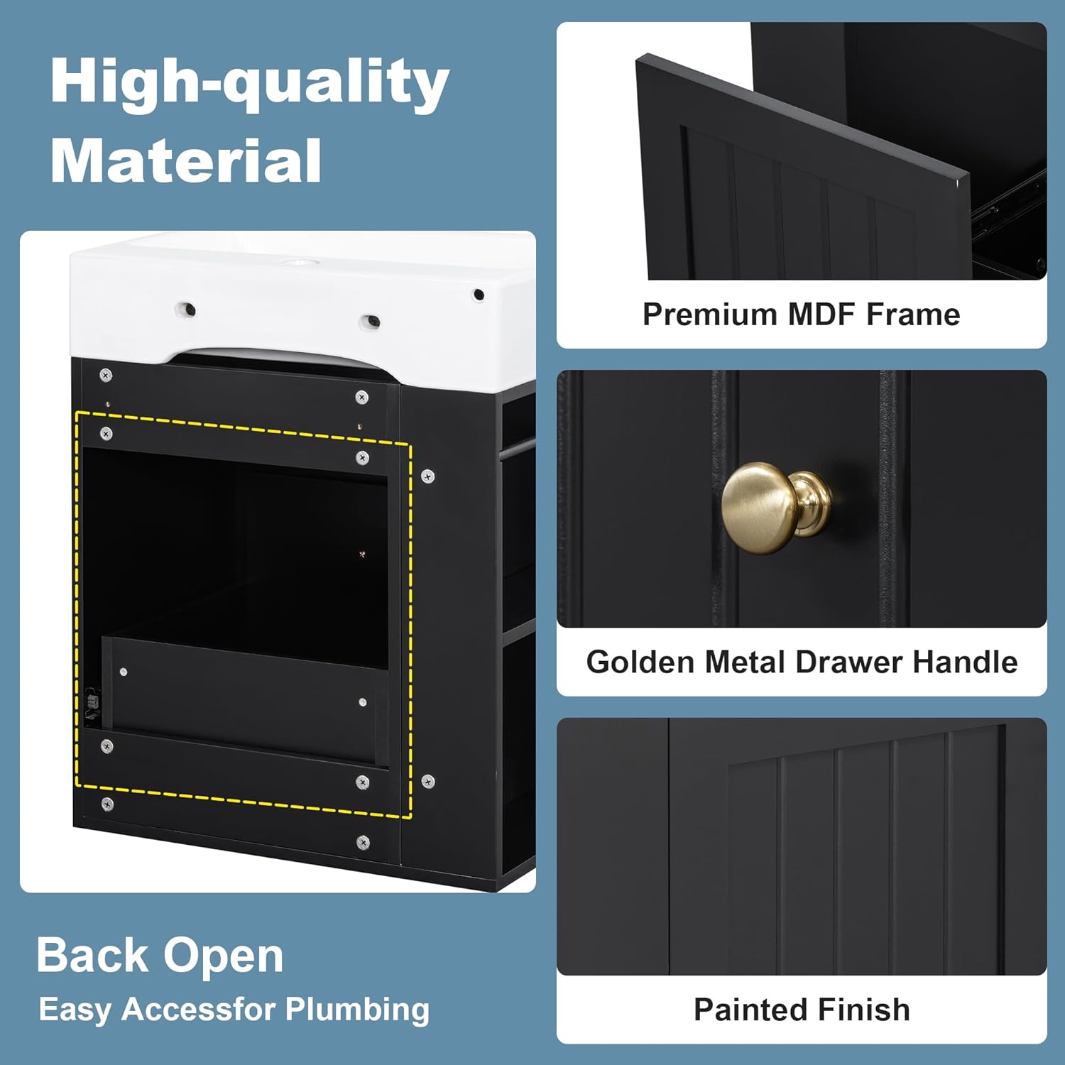 Harper & Bright Designs 20" Bathroom Vanity with Sink, Wall-Mounted Single Basin Vanity Set with One Drawer & Two-Tier Left Side Storage Shelf, Storage Cabinet with Ceramic Basin for Bathroom, Black