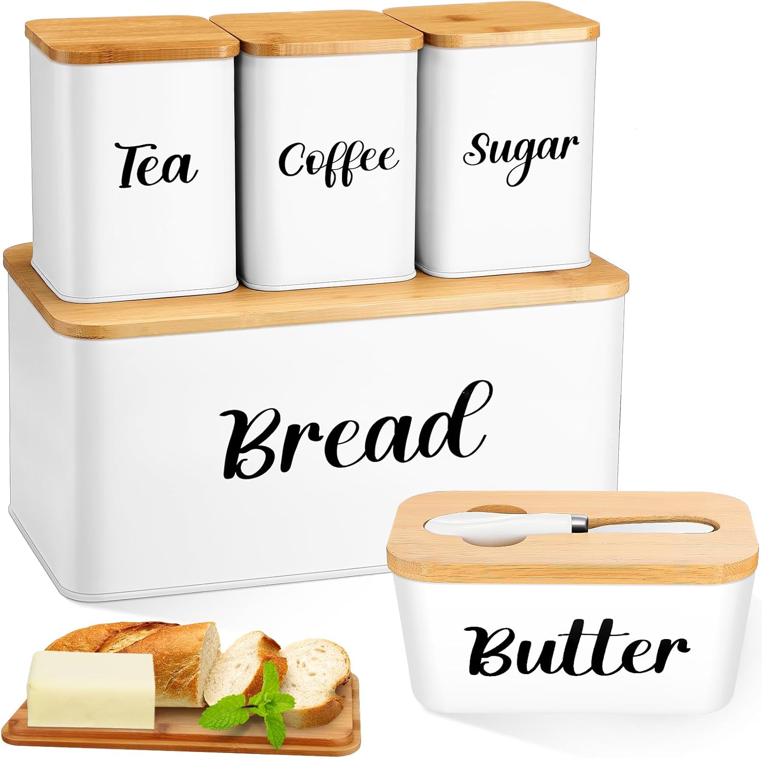 Domensi Metal Bread Box and Ceramic Butter Dish with 3 Airtight Kitchen Canisters Farmhouse Storage Canister Set for Kitchen with Bamboo Cutting Board Lid and Stainless Steel Butter Knife (White)