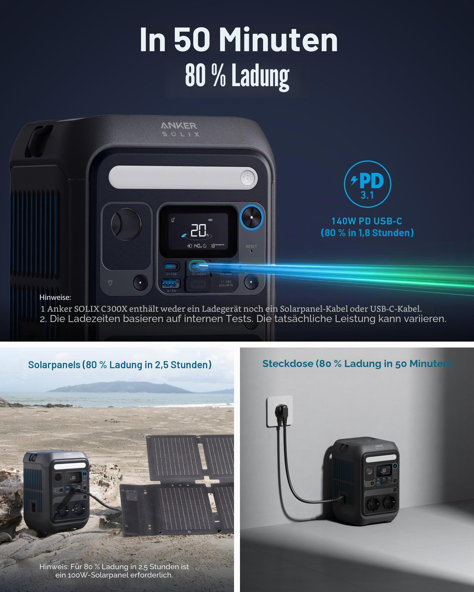 SOLIX C300X - Tragbares kraftwerk - Wechselstrom 220-240 V - 300 Watt - Lithiumeisenphosphat - 288 Wh - Wi-Fi, Bluetooth - Ausgangsanschlüsse: 7 - mit PS60 portable solar panel