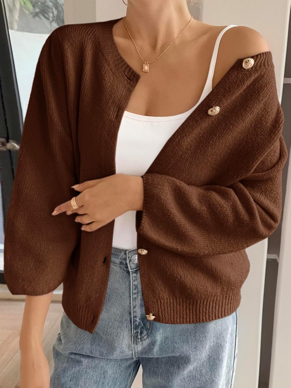 Cicy Bell Womens 3/4 Puff Sleeve Cardigan Sweater Fall Trendy Casual Button Up Loose Fit Cropped Knit Sweaters - Image 2