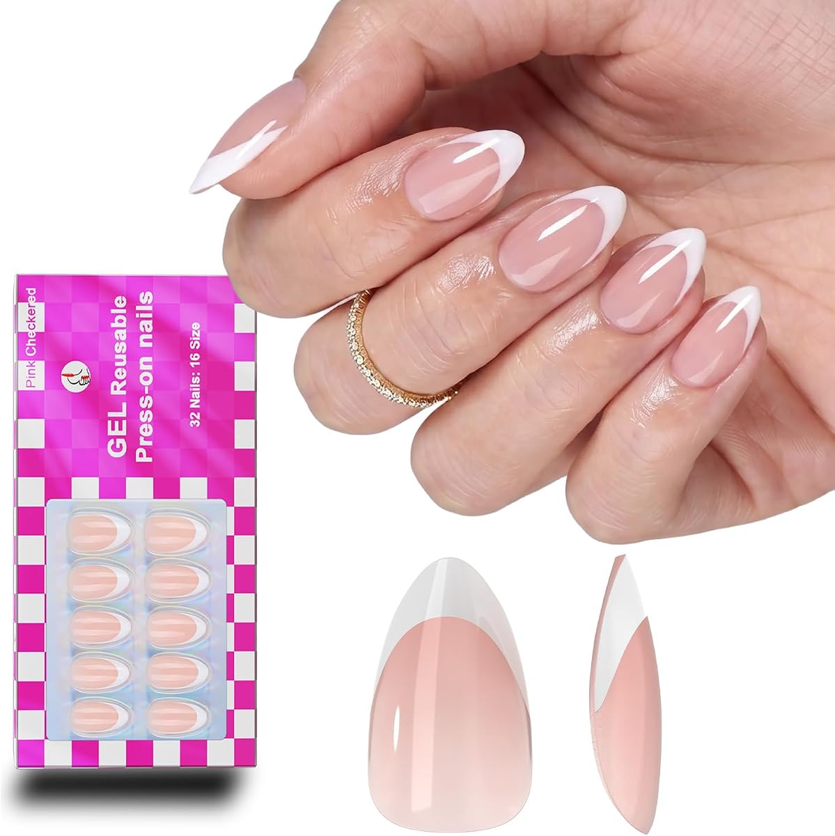 French Almond Gel Press On Nails Short 16 Sizes Fake Nails Glossy 32pcs, Nail Glue Included