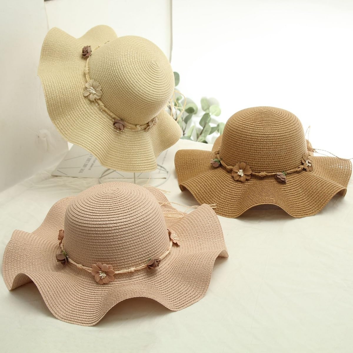 Cappello di Paglia Estivo Traspirante a Tesa Larga con Volant da Donna,Cappelli da Sole Boho in Paglia Intrecciata con Protezione Uv e Decorazione Floreale,Cappellino da Spiaggia Leggero per Giardino