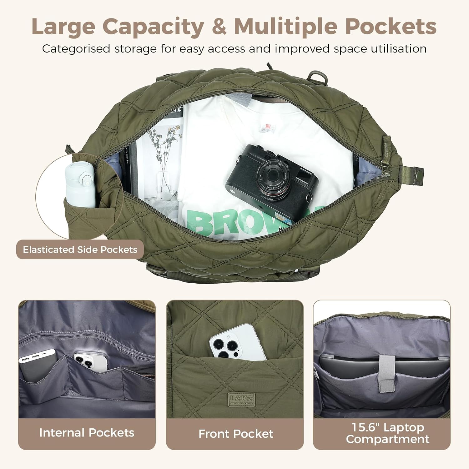 Weekender Bag for Women, Puffer Travel Duffle Bag With Shoes Compartment & Toiletry, Large Carry On Tote for Airplane, Overningt, Bussiness Trip, Gym (Green)