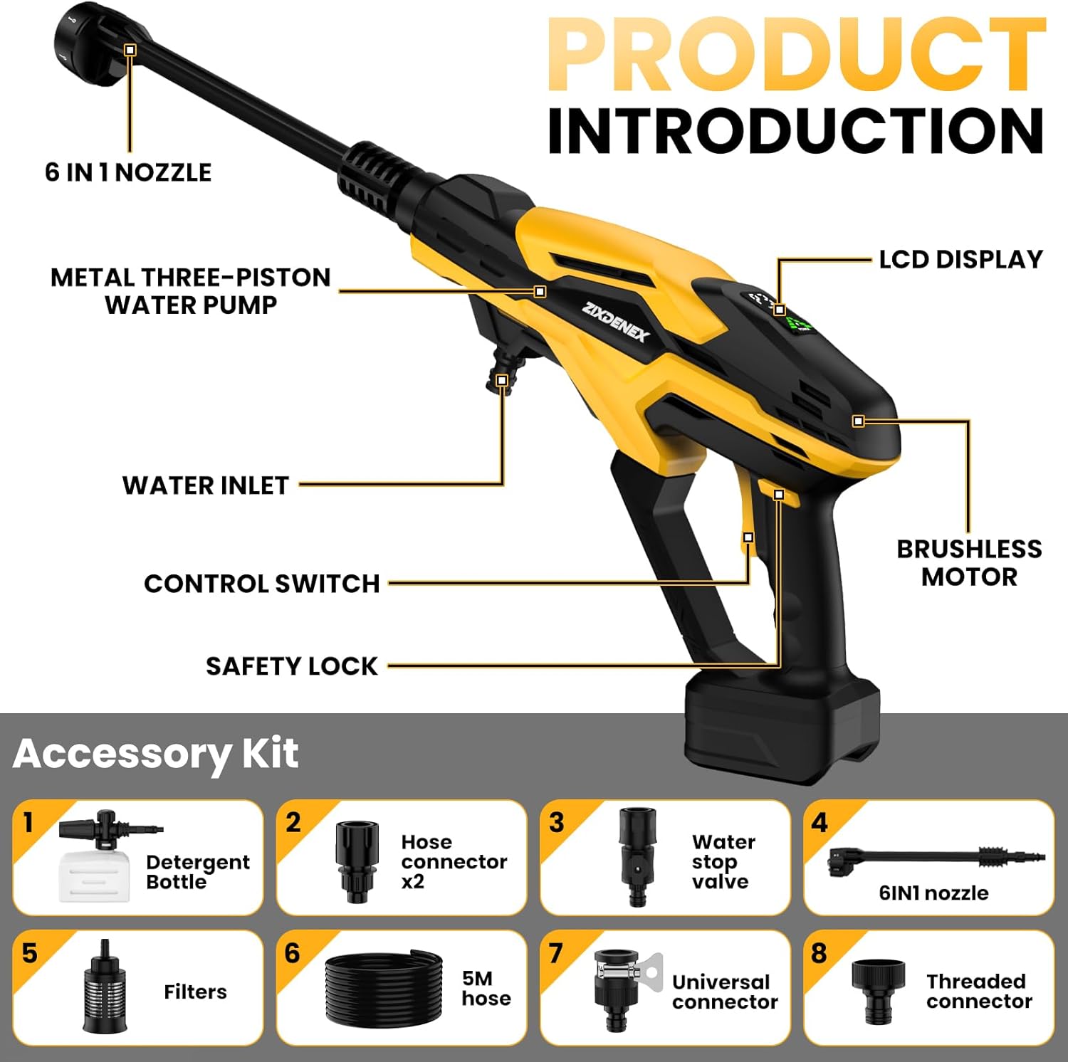 800 PSI Cordless Pressure Washer for Dewalt 20V Battery, Portable Handheld Power Washer with Brushless Motor, 6-in-1 Nozzle, 3 Level Adjustable for Car Yard Fence Wall Cleaning (Battery Not Included)