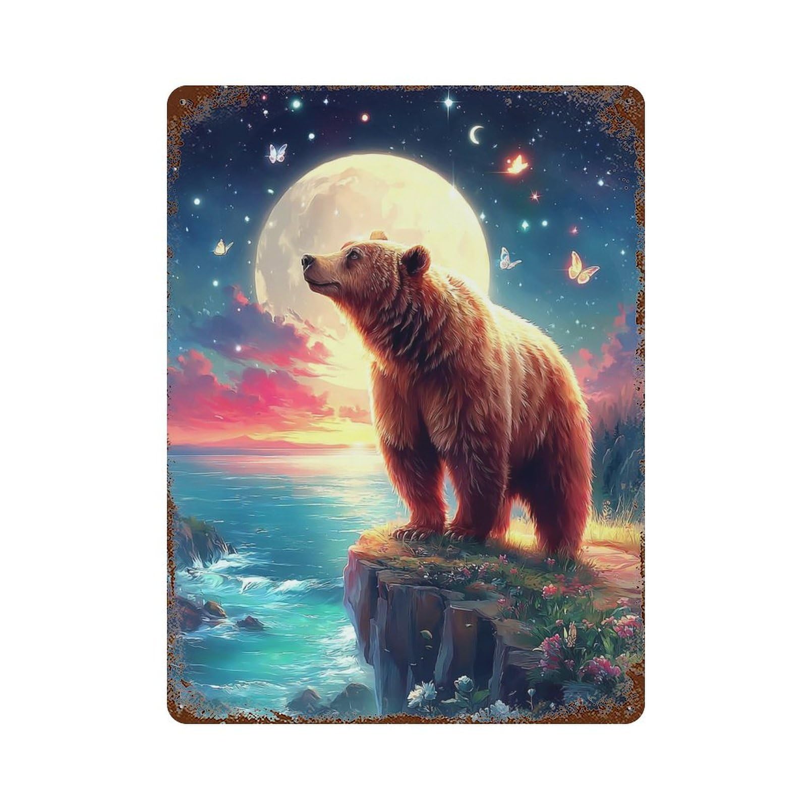 Magical Bear Sunset Scene -1 Rusty Metal Tin Sign 15.7"x11.8", Ideal for Farmhouse, Kitchen And Entryway Decor