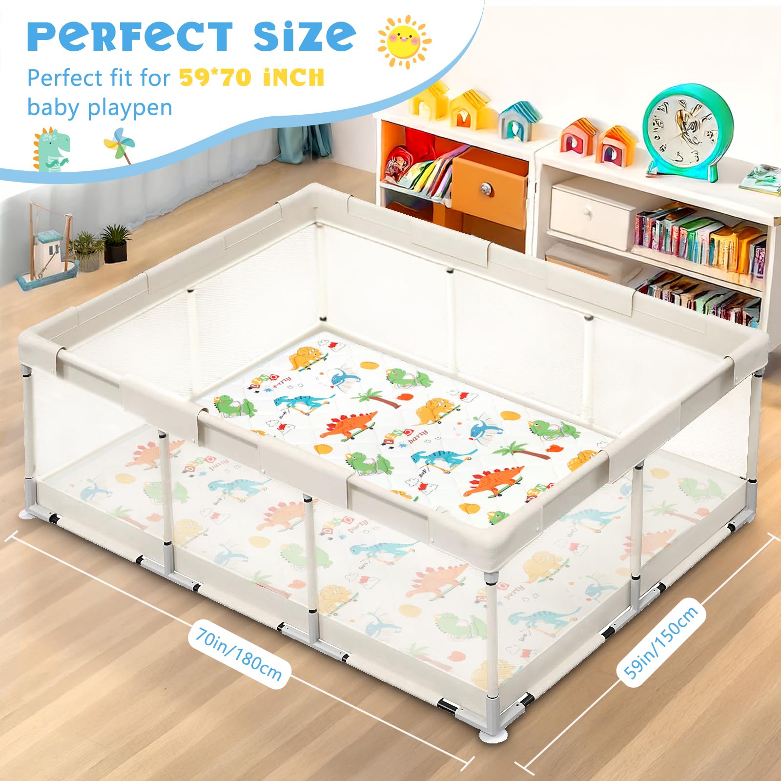 decalsweet Tappeto Gioco Bambini 150×180cm, Addensato 2cm Tappeto Gioco Neonato, Antiscivolo Pieghevole Tappeto Cameretta Bambina & Bambino, Tappeto Tummy Time Neonati (Dinosauri colorati)