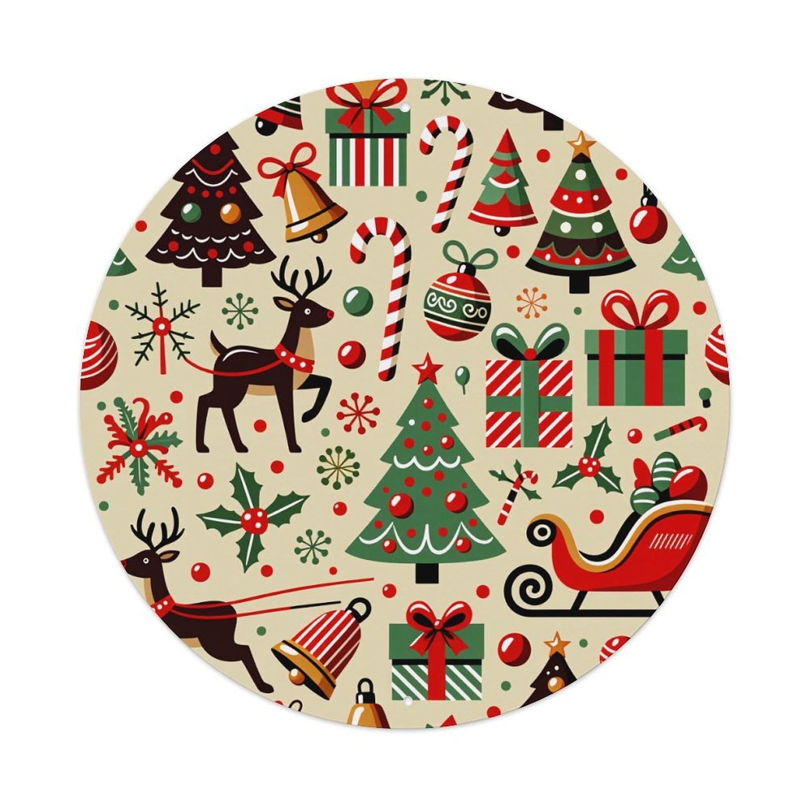 Christmas Tree Reindeer Sleigh Gift Bell Round Tin Sign Vintage Style Metal Sign Home Bar Garden Wall Plaque Decor Metal Poster 8x8 Inch