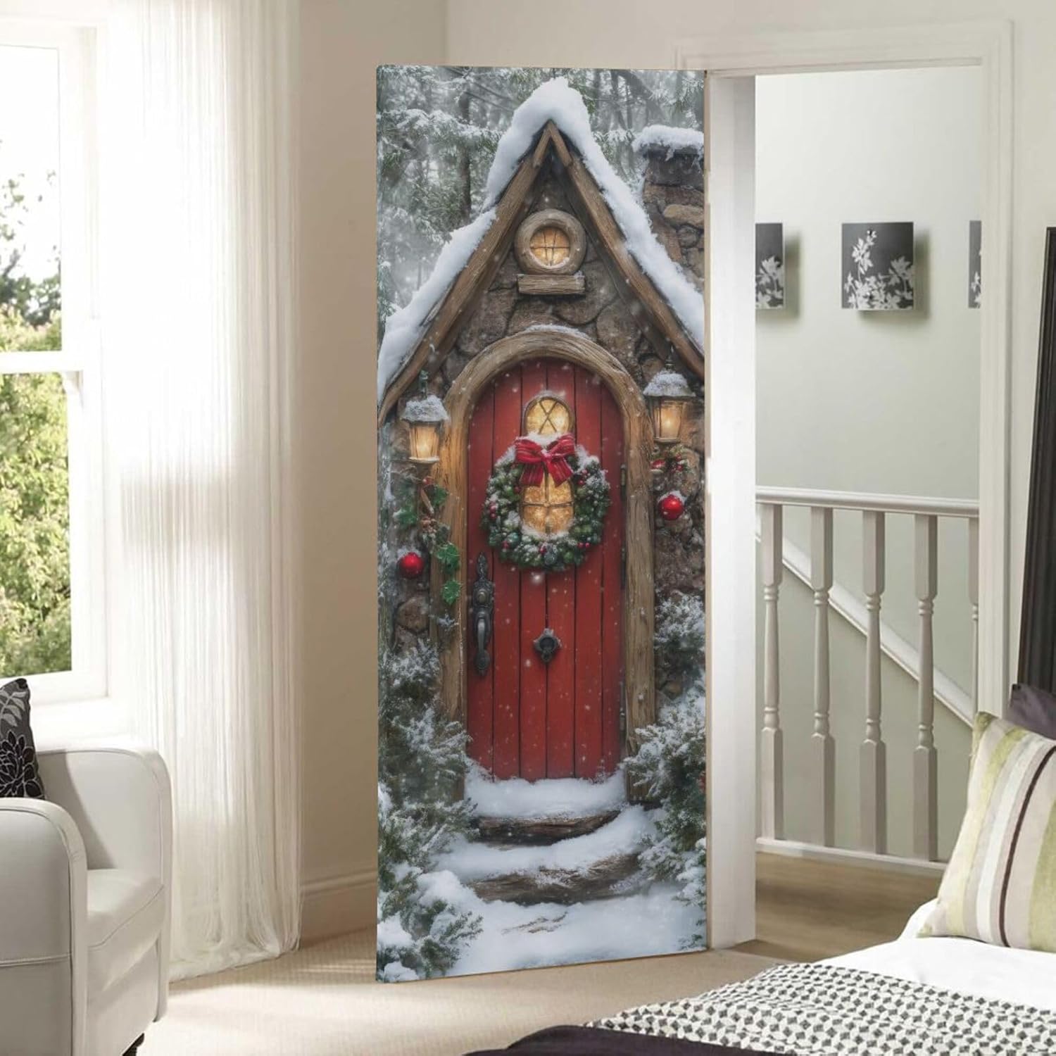 Burbuja Christmas Fairy Door Cover, Stretch Fabric Backdrop Porch Covers for Home Party Holidays Decoration, 35x79 In
