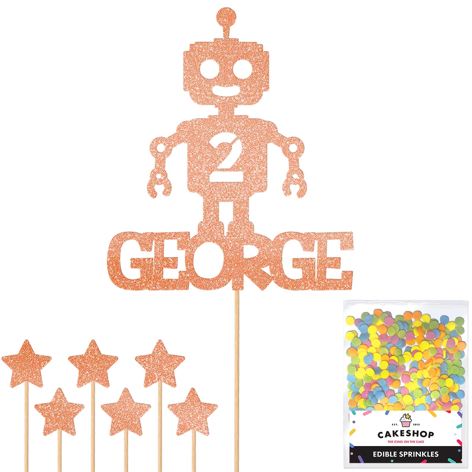 Personalised Birthday Space Robot Glitter Cake Topper Rose Gold Any Custom Age & Name Glitter Cake Decoration and Sprinkles - Happy Birthday Decorations - Personalised Toppers for Cakes by Cakeshop