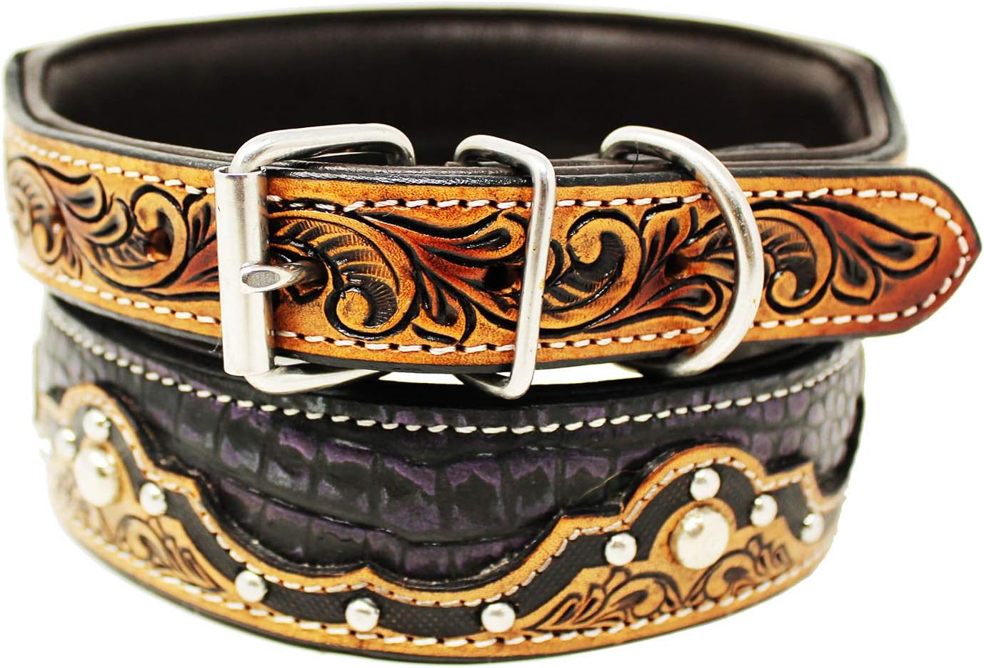 Medium 17''- 21'' Heavy Duty Padded Leather Tooled Gator Inlay Dog Collar 60FK08