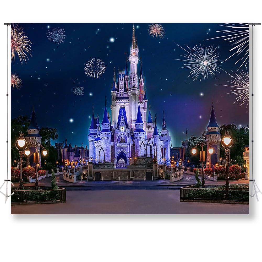KUKUSOUL 10x8ft Castle Backdrop Grand Castle Fireworks Stars Romantic Night Scene Background for Princess Birthday Party Decorations Banner Cake Table