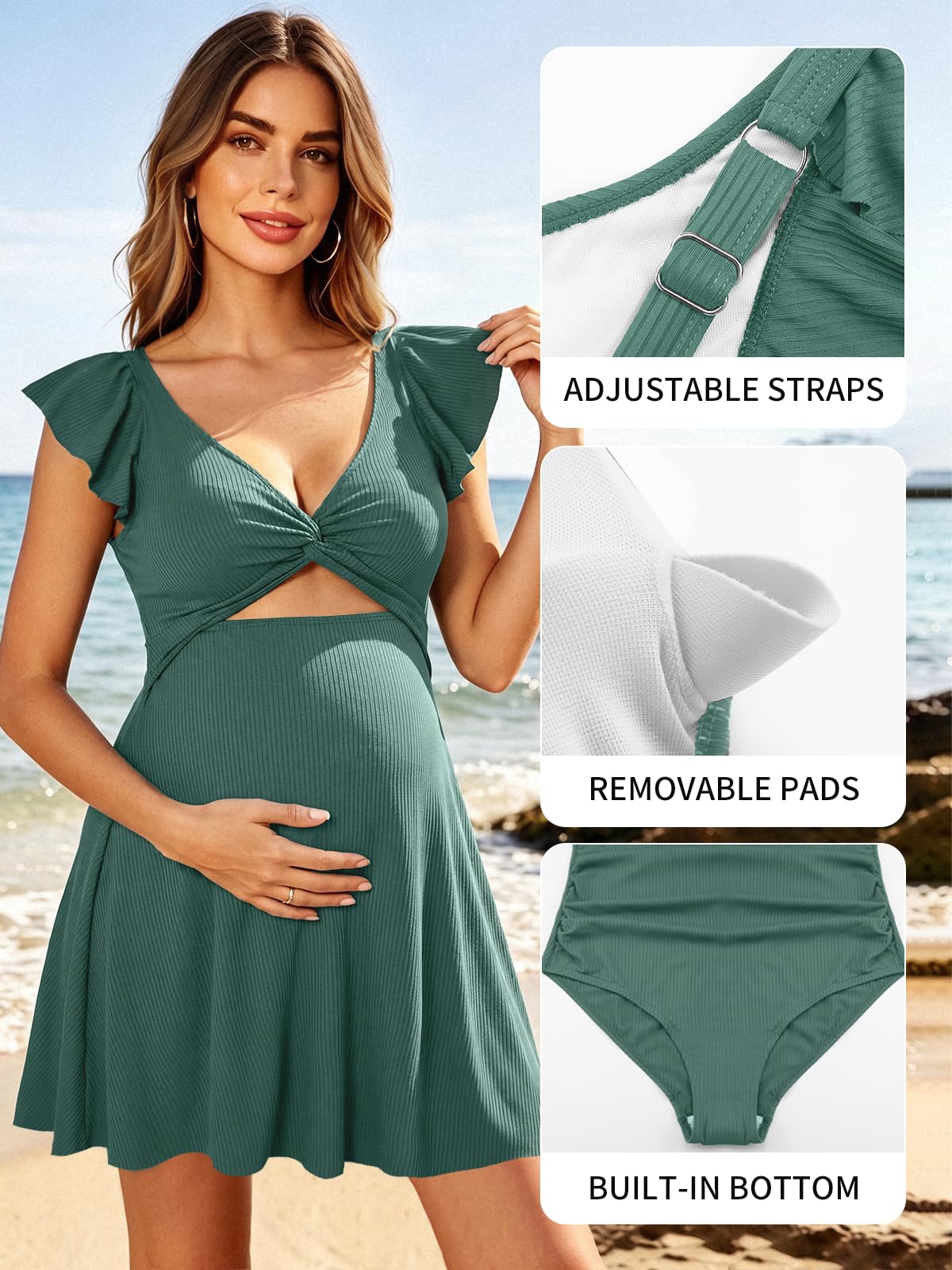 SHEKINI Traje de baño maternidad de una pieza para embarazo, cuello en V, manga con volantes, corte