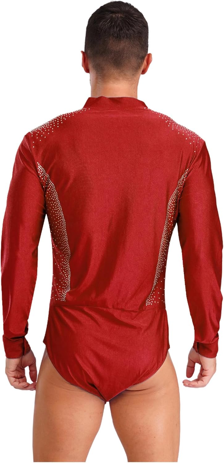 Men's Shiny Rhinestone Figure Skating Shirt V Neck Latin Tango Dance Leotard Ballroom Dance Costume