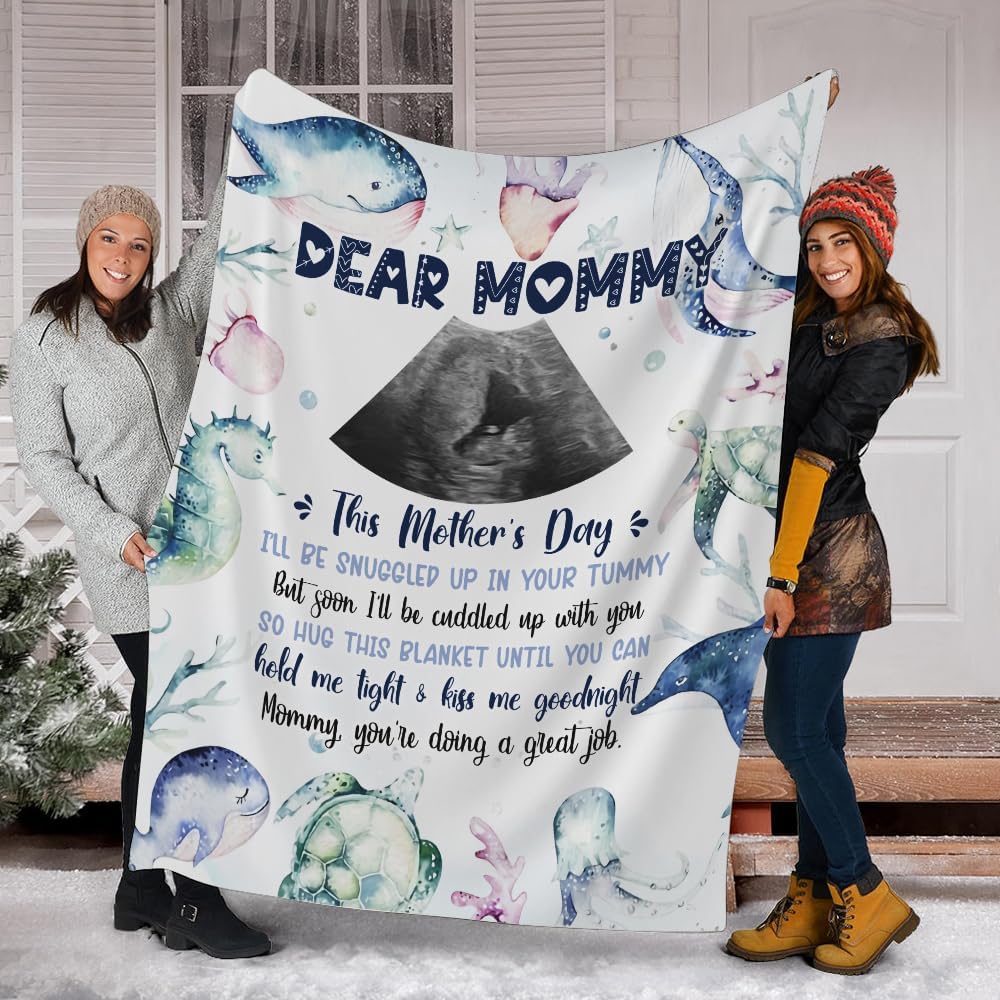 Personalized Dear Mommy Blanket, Under The Sea Themed, Gift for New Mom, First Mother's Day Expecting Mama, Custom Ultrasound Photo Soft Fleece Blanket, Gift for New Baby