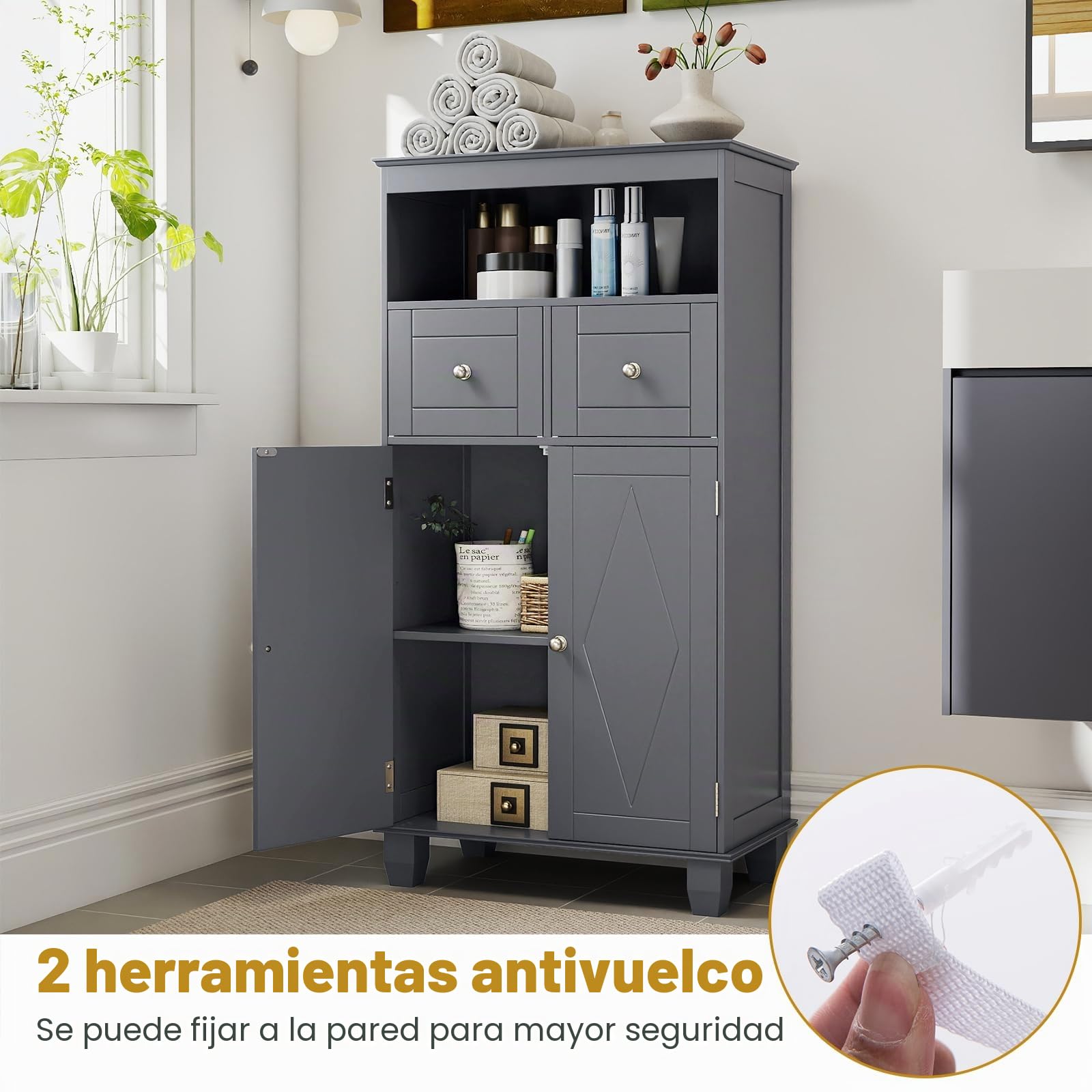 LIFEZEAL Mueble de baño para Ahorrar Espacio, Mueble de baño de Suelo, 56 x 30 x 108 cm, Moderno, con 2 cajones y 2 Puertas, Compartimento Abierto, Armario autoportante, Madera, para salón (Gris)