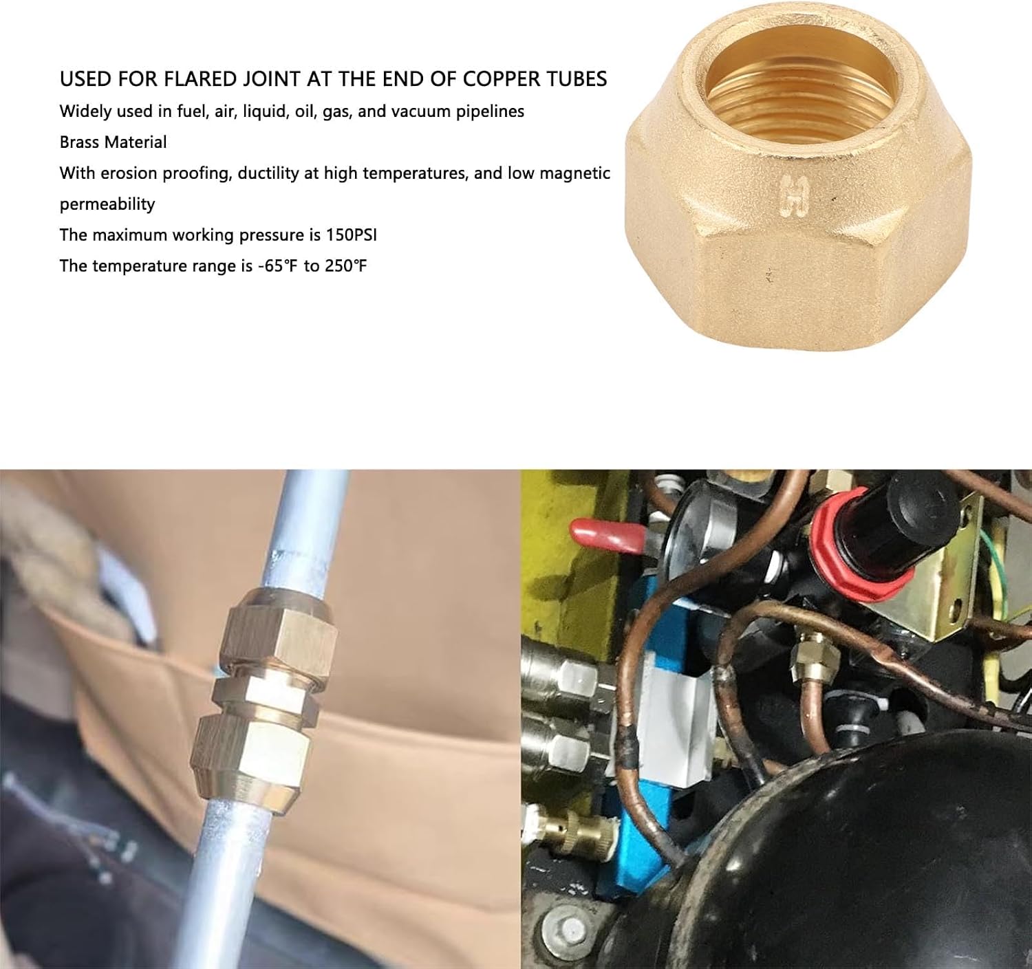 Fafeicy 5/8 Inch Brass Nut for HVAC Systems, 150PSI Pressure Rating, 10-Pack Tube Fitting for AC Copper Pipes