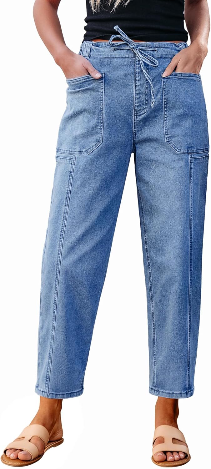 luvamia Barrel Jeans Women Trendy High Waisted Pull On Drawstring Elastic Waist Stretchy Denim Baggy Pants with Pocket