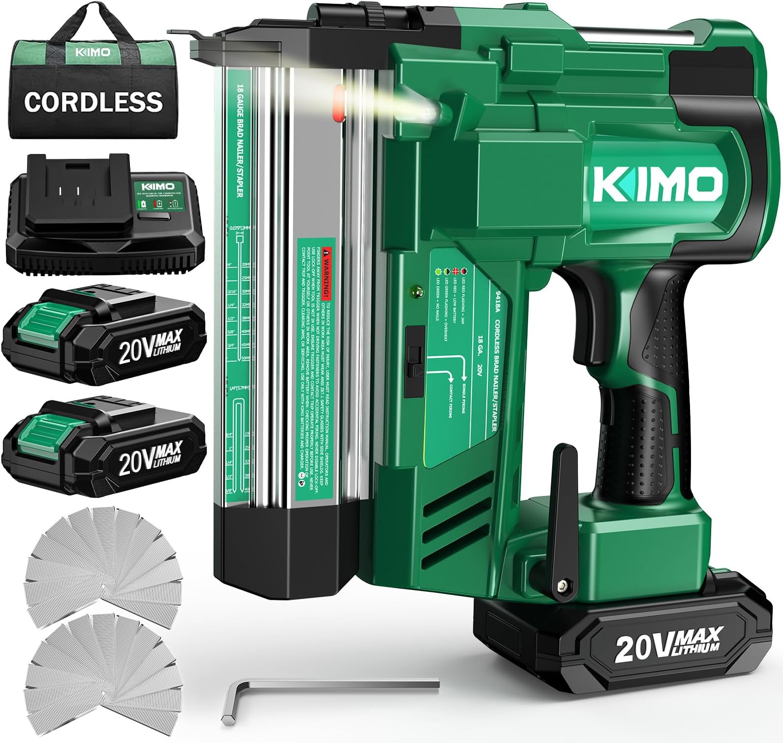 KIMO 18 Gauge Nail Gun Cordless with Battery 2.0Ah X 2, 1000pcs Nails and Staples, 2 Firing Modes, 180 Nails/min, Adjustable Nailing Depth, 2 in 1 Cordless Brad Nailer and Stapler for DIY Project