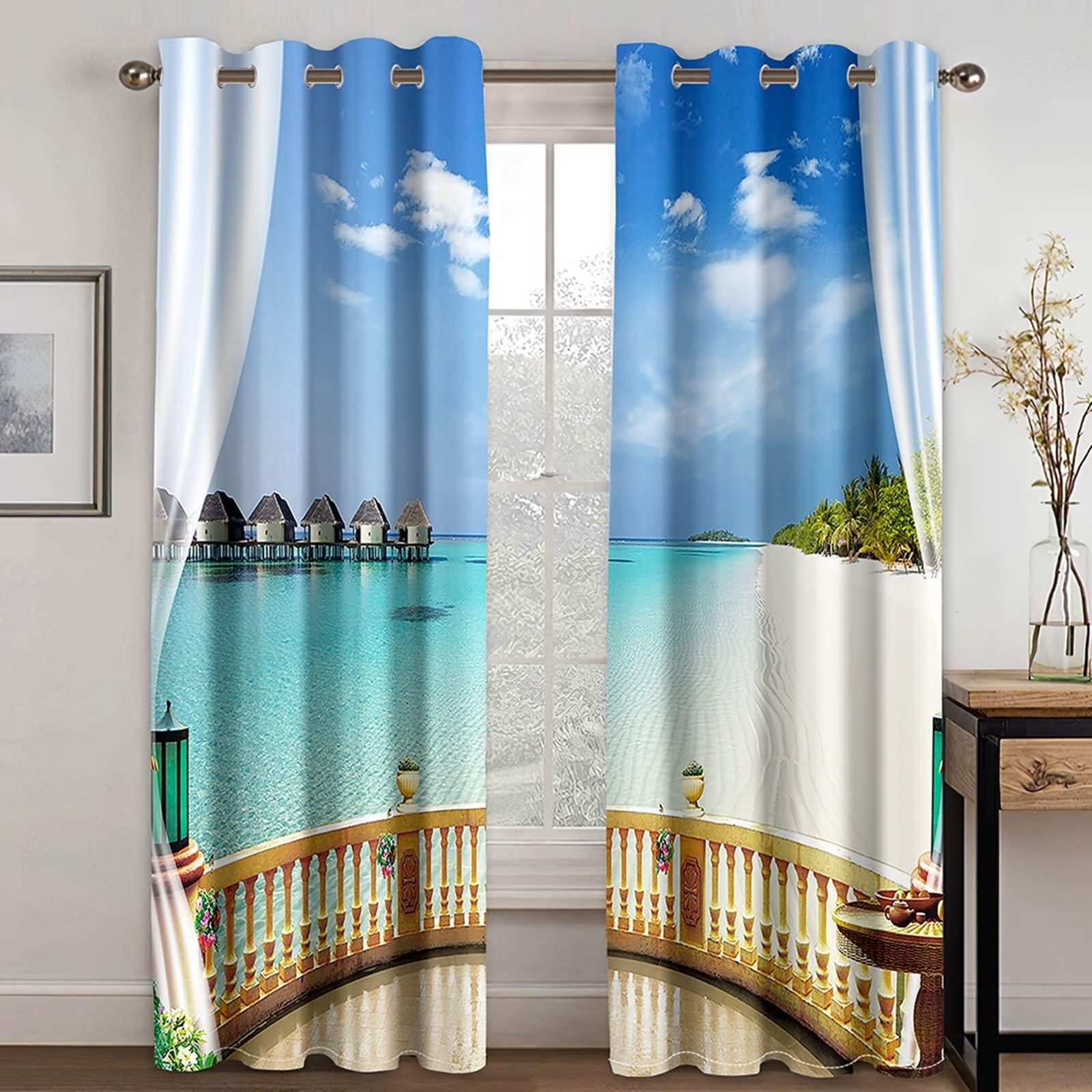 Voilage Fenetre Boheme, Rideau Chambre Retro Bleu Blanc Kaki Balcon Mer et Maisons de Vacances Polyester Lot de 2 304x244cm