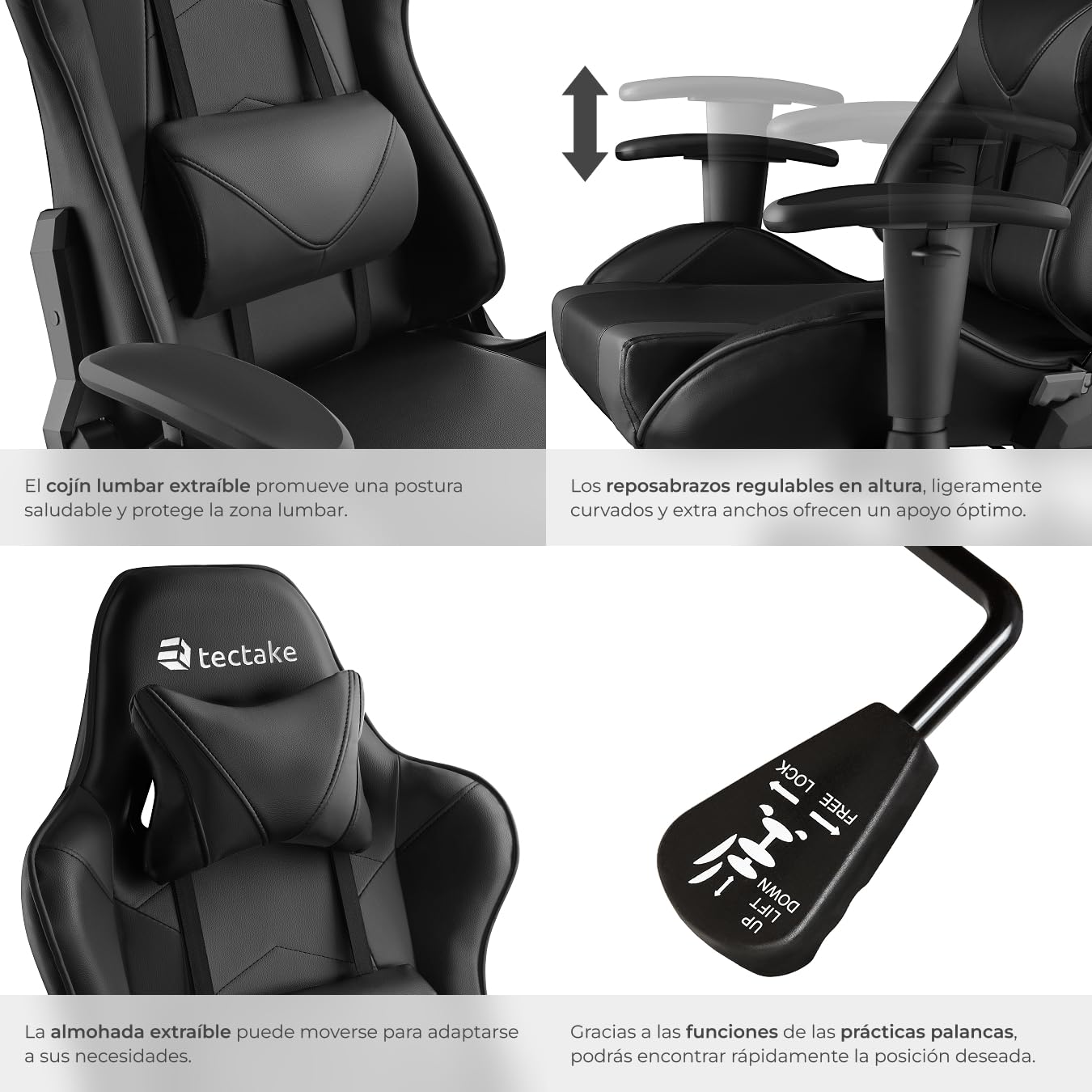 tectake® Silla Escritorio, Silla Ergonómica con Reposabrazos Ajustables, Silla de Estudio Moderna, Silla con Reposacabezas y Cojín Lumbar Extraíbles, Mecanismo Basculante, Rotación 360° - Negro/Negro