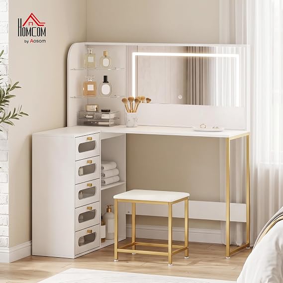 HOMCOM Dressing Table with Adjustable LED Mirror Stool 120x80x135 cm White