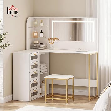 HOMCOM Dressing Table with Adjustable LED Mirror Stool 120x80x135 cm White