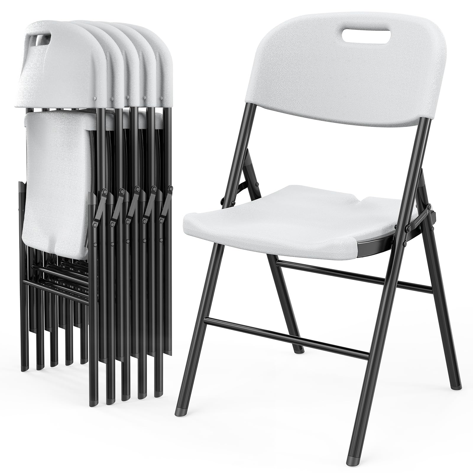 VINGLI Folding Chairs, Heavy Duty Foldable Chair Portable HDPE Plastic Seat with Steel Frame for Indoor Outdoor Dinning Party Wedding School Use, White, 6 Pack