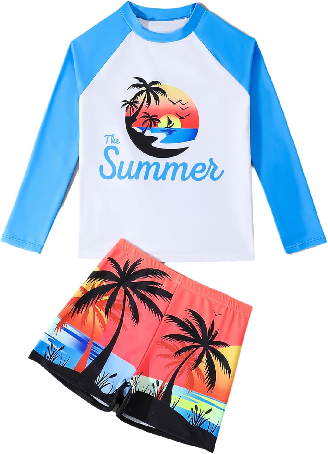 TTAO Two Pieces Athletics Swimsuits for Boys UPF 50+ Long Sleeve Swim Shirts with Shorts