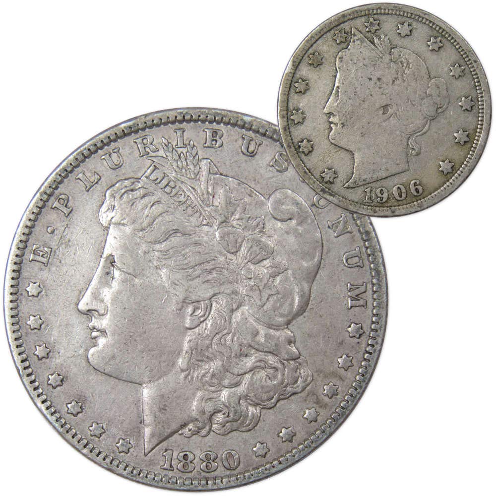 1880 Morgan Dollar VF Very Fine 90% Silver Coin with 1906 Liberty Nickel G Good Thumbnail