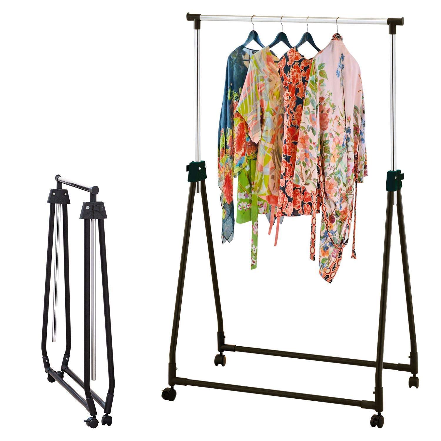 Greenfields Chrome Adjustable Height Collapsible Foldable Portable Garment Clothes Dress Coats Jackets Hanging Rail Rack Storage Display Stand on Castor Wheels