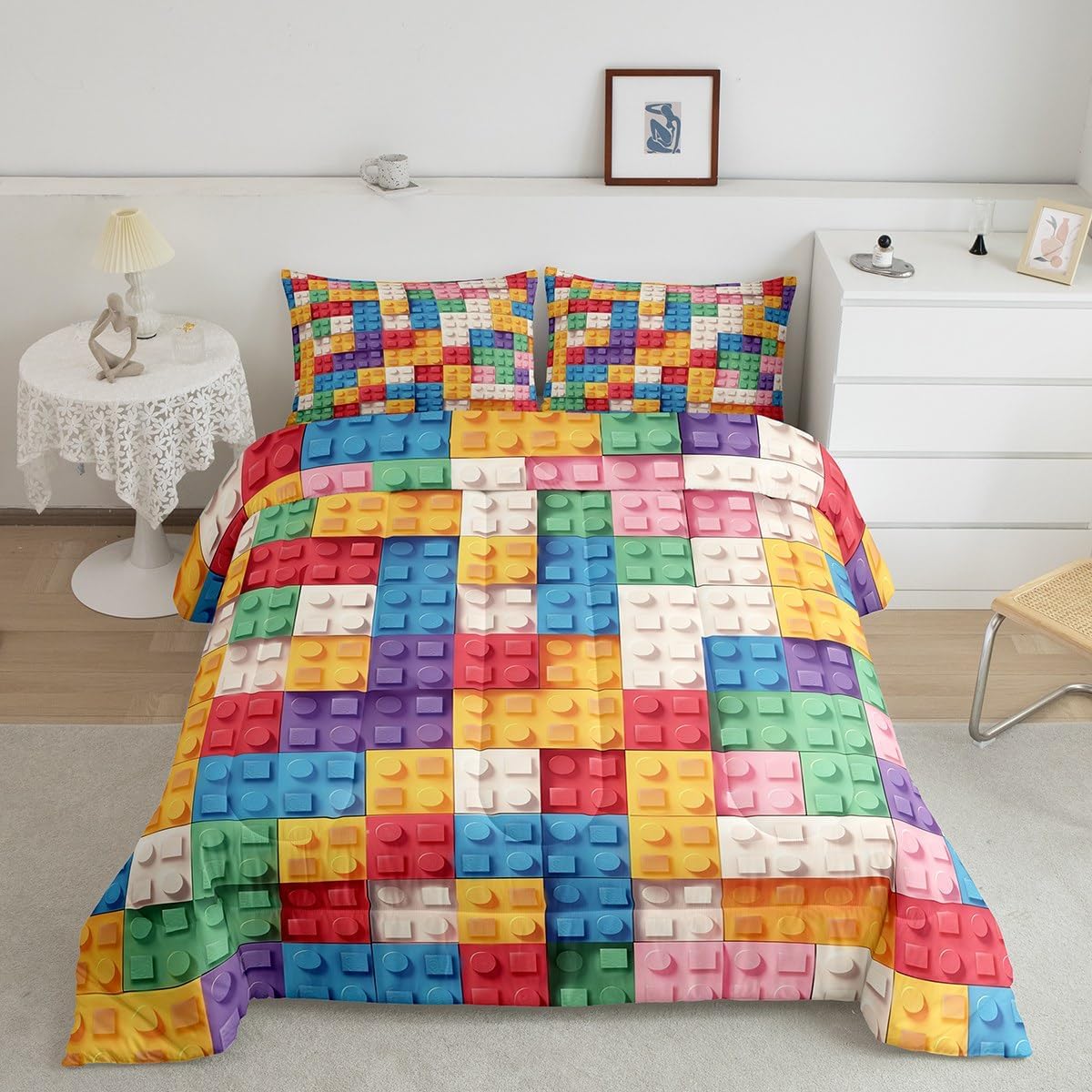 Feelyou Colorful Toy Bedding Set Teen Women Men Funny Building Blocks Decor Comforter Set Toddler Size Kids Boys Girls Purple Yellow Geometric Brick Duvet Insert Cute Games Room Decor
