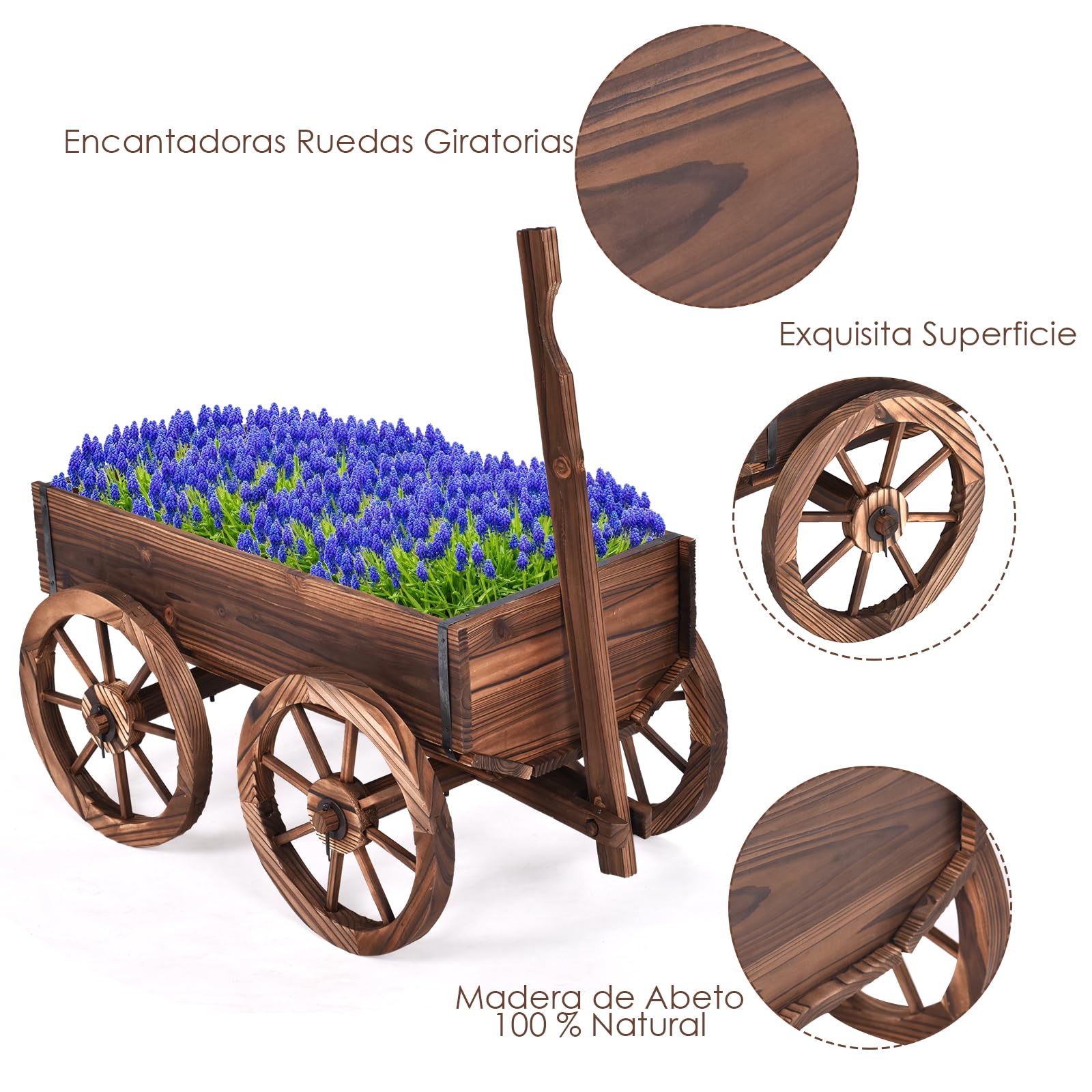 GOPLUS Carrito de Madera para Planta con 4 Ruedas y Mango, Macetero Decorativo Exterior con 2 Agujeros de Drenaje, Jardinera Jardín para Terraza, Patio, 65 x 34 x 20 cm, Marrón