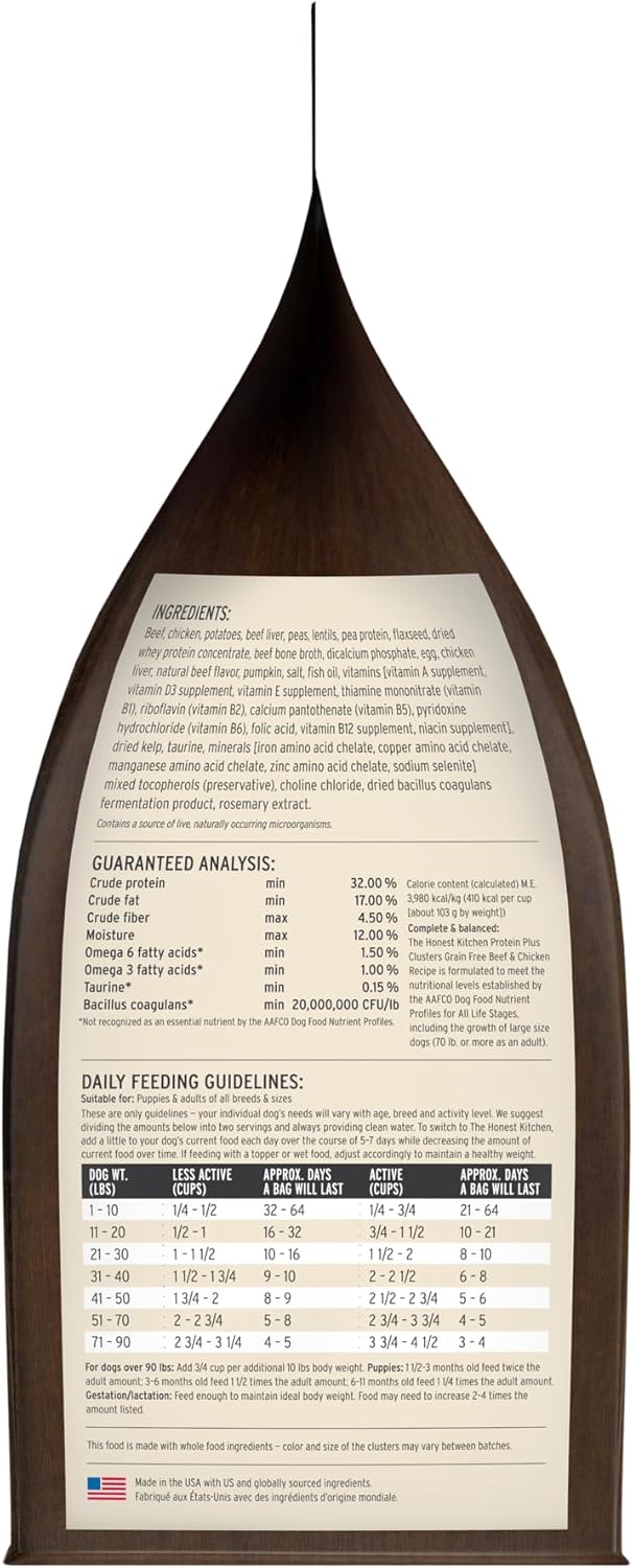 The Honest Kitchen Human Grade Dog Food, Protein Plus+ Clusters Grain Free Beef & Chicken Dry Dog Food, 4 lb Bag